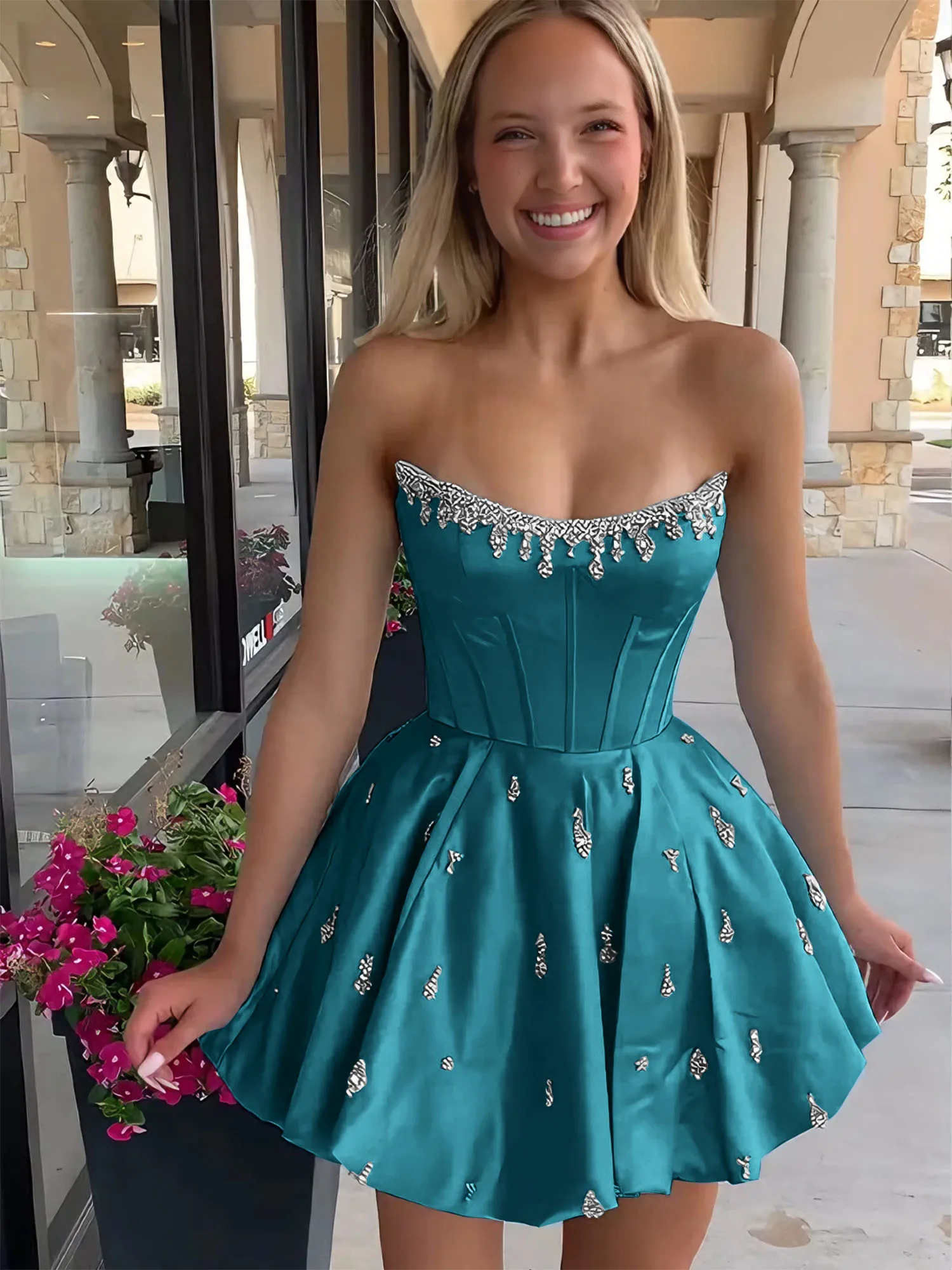 Strapless Beaded Corset Lace-Up Back Satin Homecoming Dress