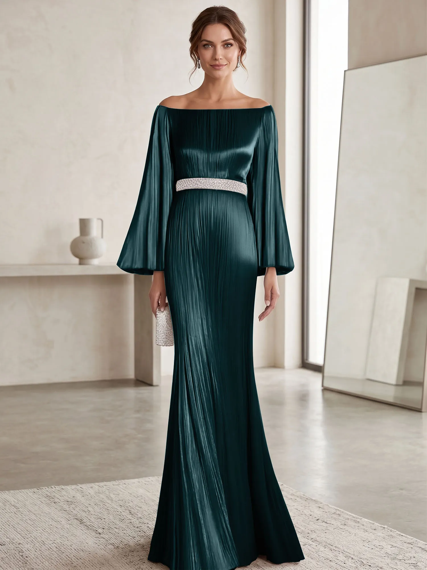 Off-the-Shoulder Pleated Satin Evening Gown with Beaded Waistband
