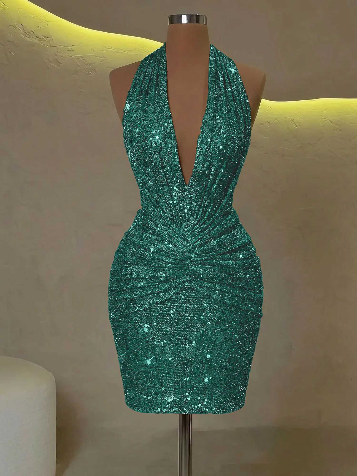 Sequin Halter Deep V-Neck Bodycon Homecoming Dress Mini Dress