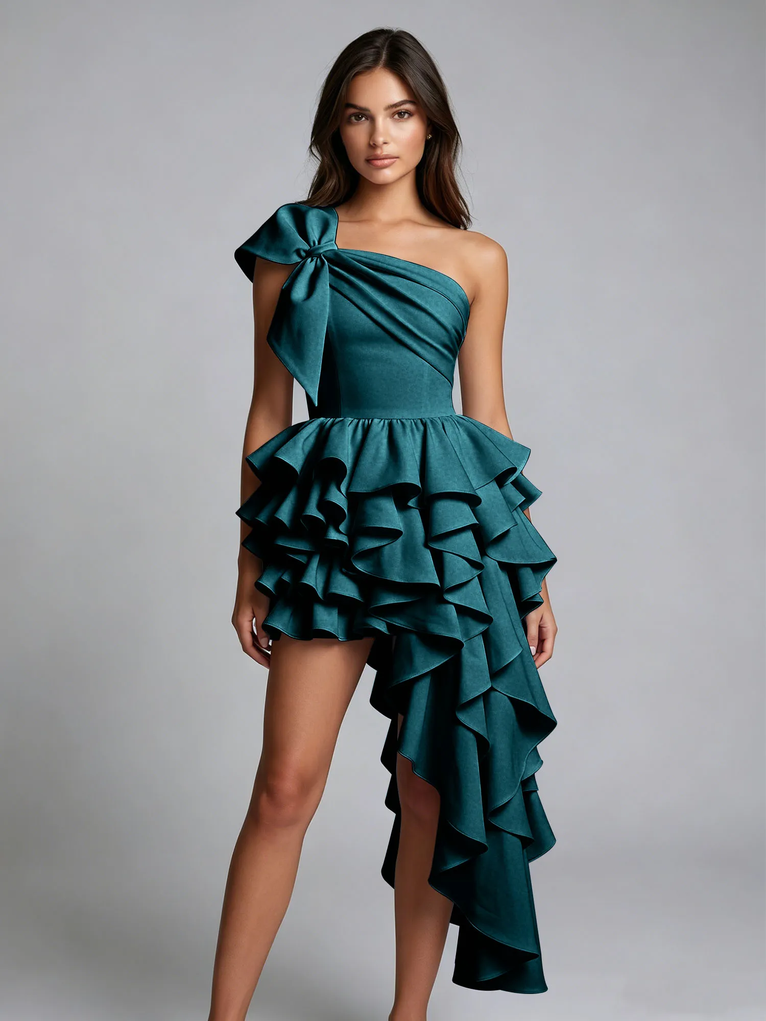 One-Shoulder Bow Tiered Ruffle Asymmetrical Homecoming Dress