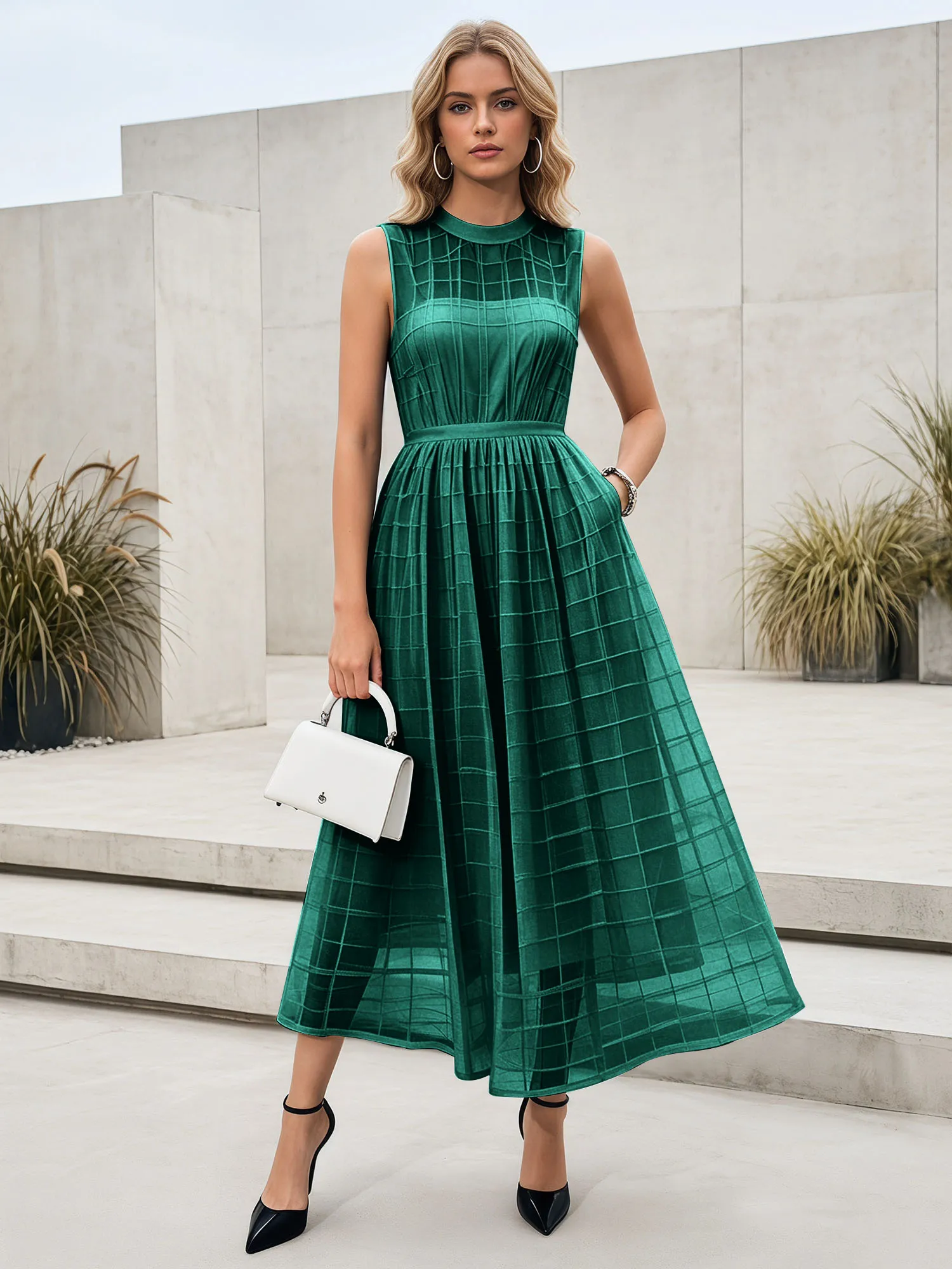 Sleeveless Grid Mesh A-Line Midi Evening Dress