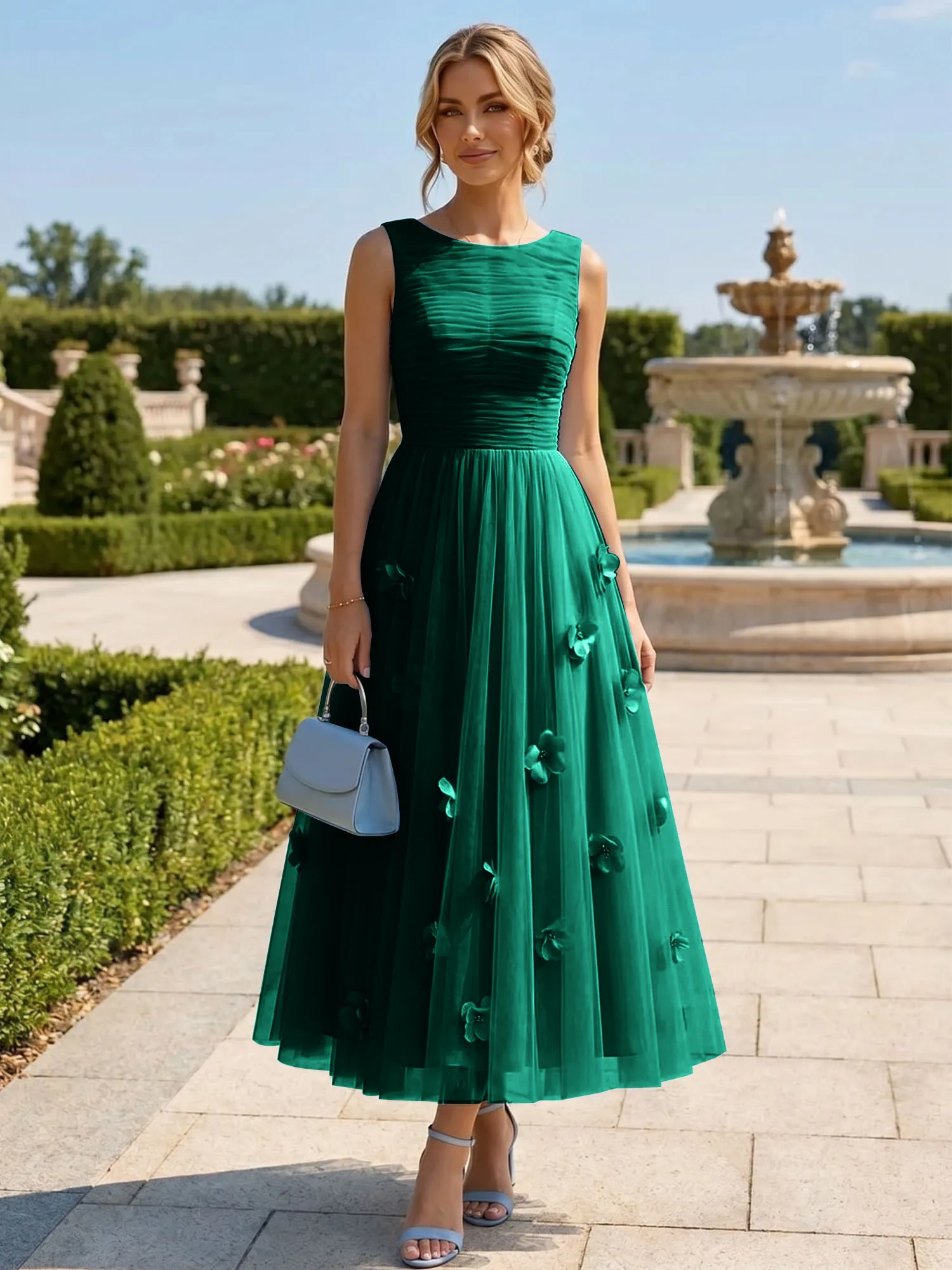 A Line Sleeveless Tulle Midi Dress with 3D Floral Appliqués