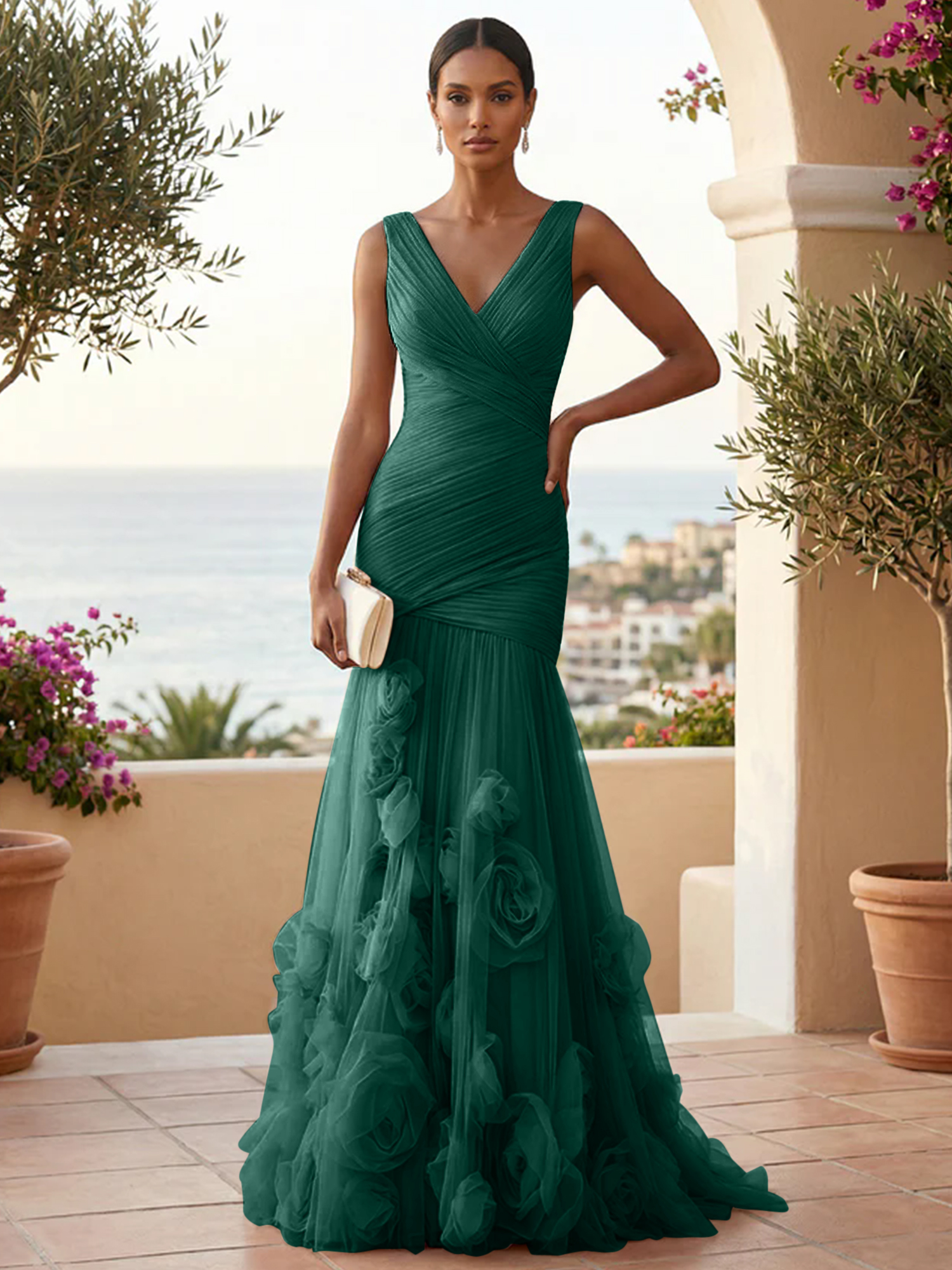 Sweetheart Tulle V Neck Pleat Mermaid Evening Dresses with 3D Flower