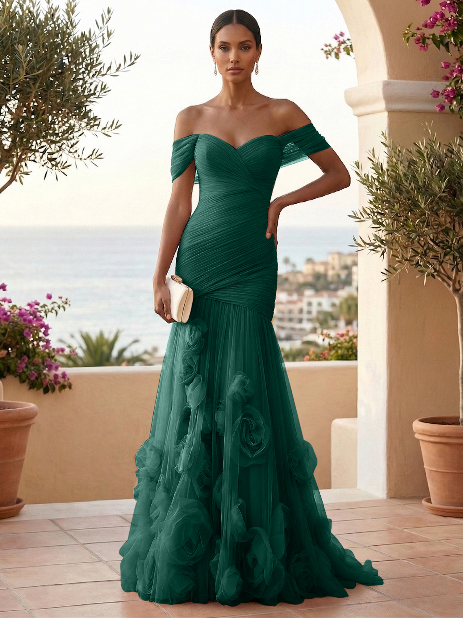 Sweetheart Tulle Off the Shoulder Pleat Mermaid Evening Dresses with 3D Flower
