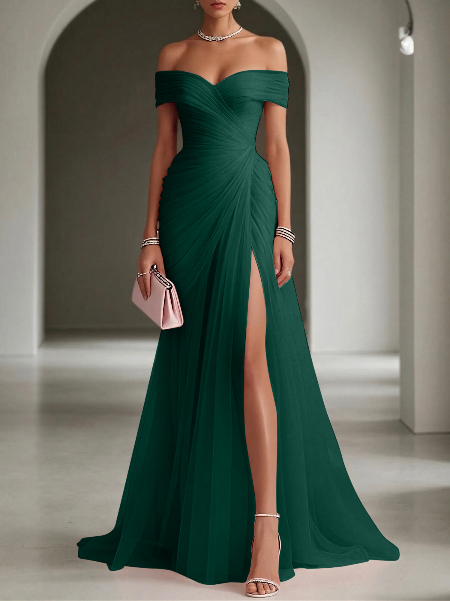 Blush Ruched Slit Tulle Off the Shoulder Sleeveless Sheath Gown Dress