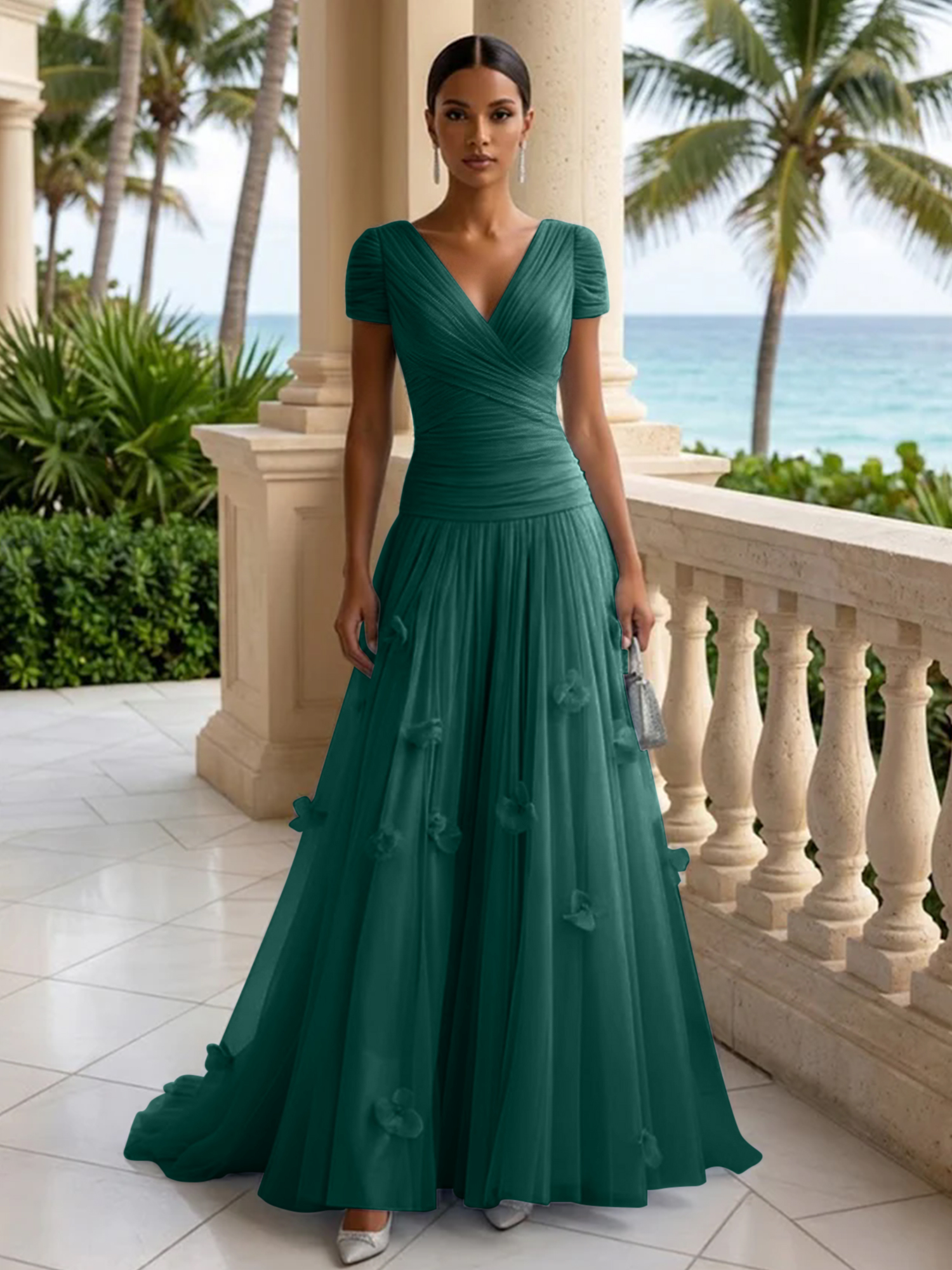 Elegant V-Neck Ruched Tulle A-Line Evening Gown with 3D Floral Appliqués