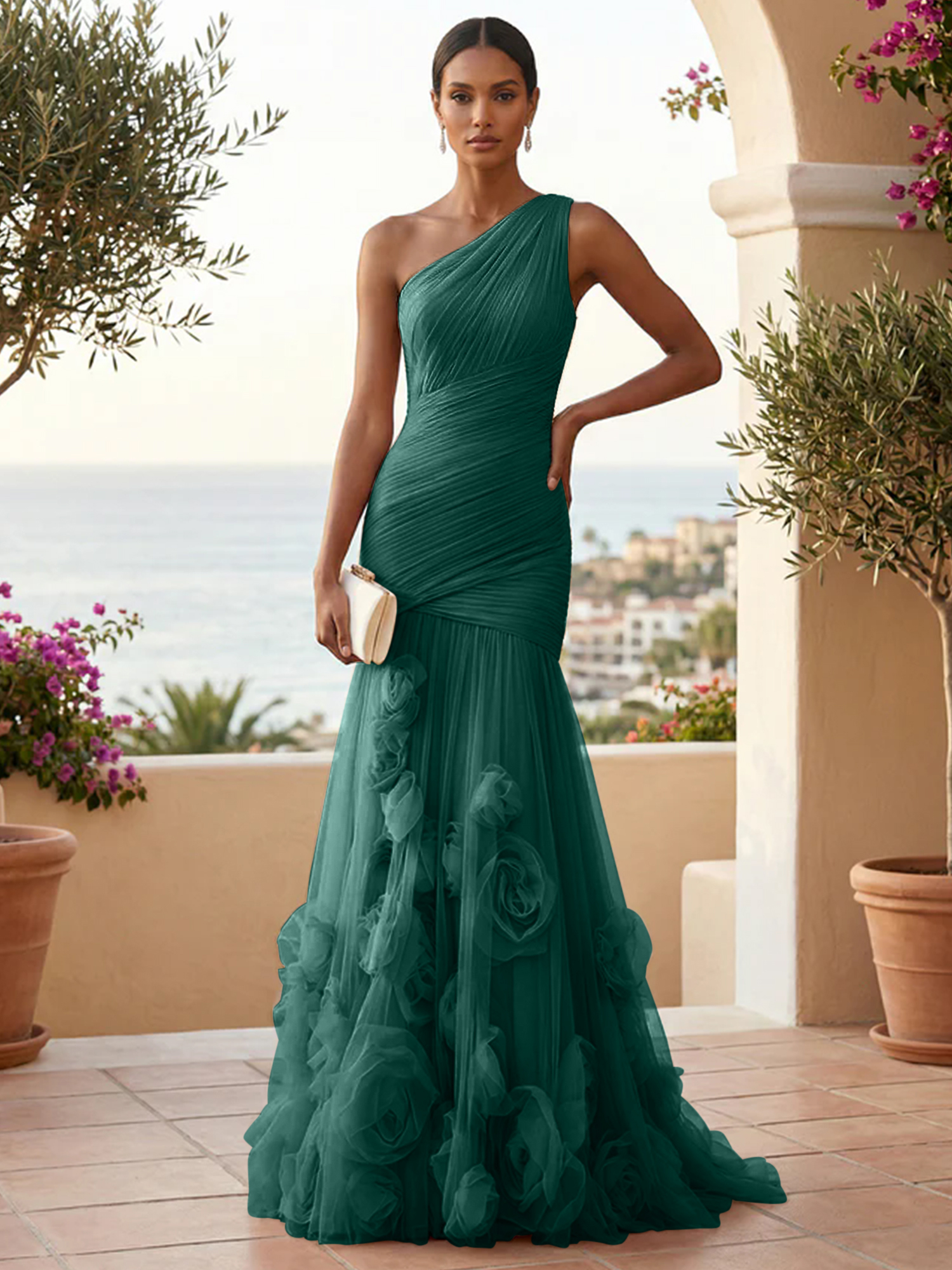Sweetheart Tulle Pleat One Shoulder Mermaid Evening Dresses Gown with 3D Flower