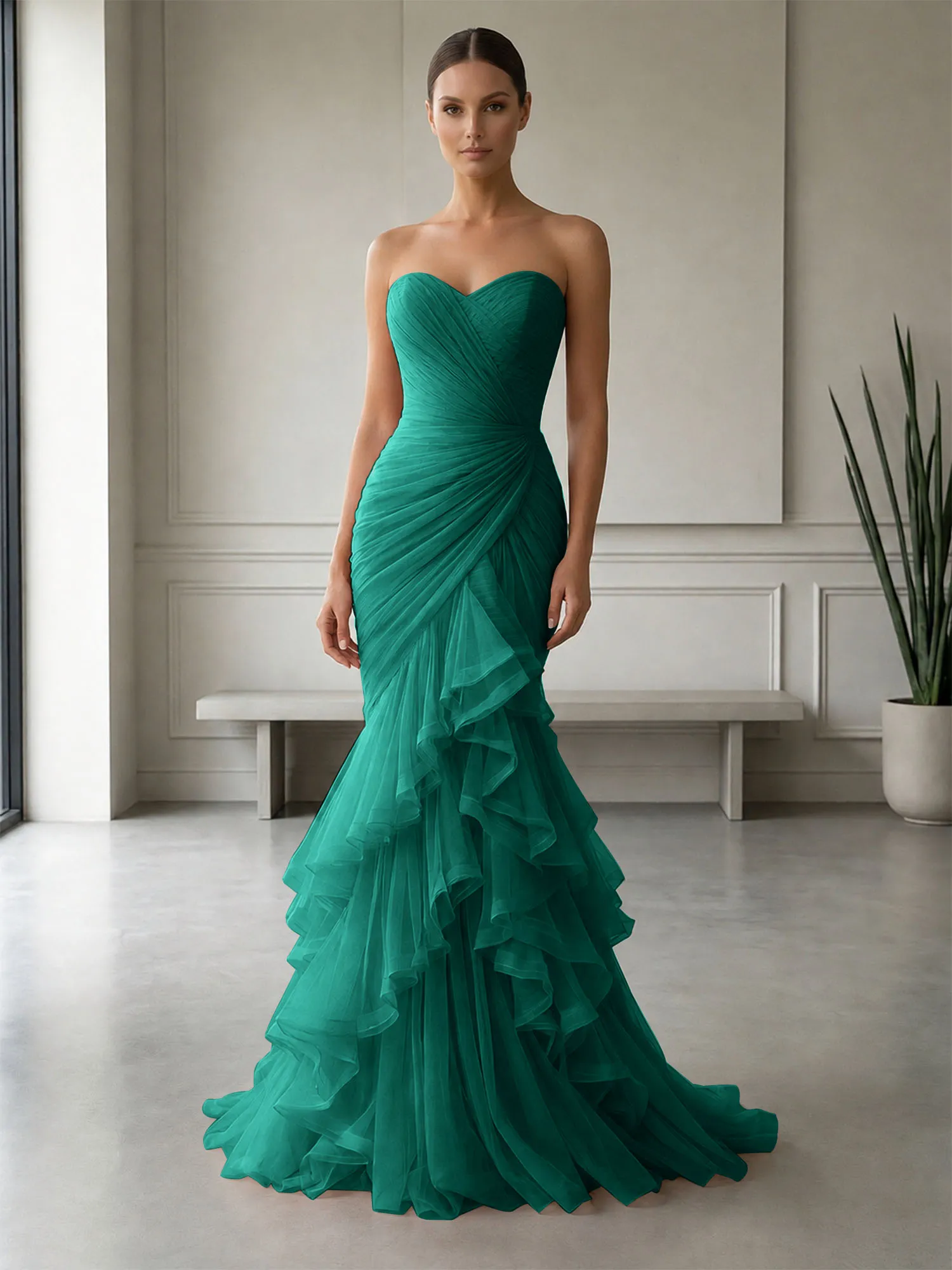Strapless Ruched Tulle Mermaid Evening Gown Maxi Dress