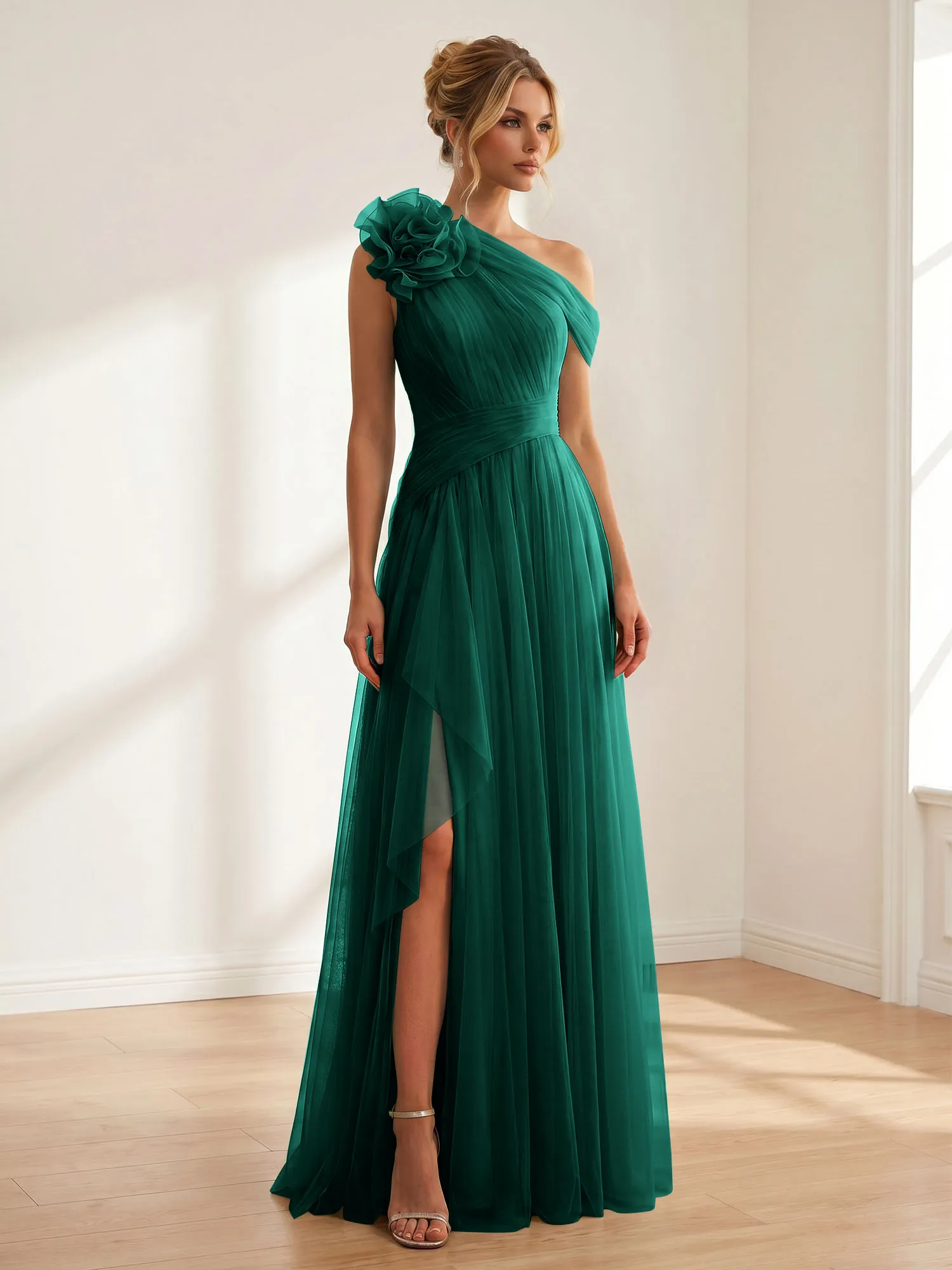 One-Shoulder Tulle Evening Gown with Floral Accent