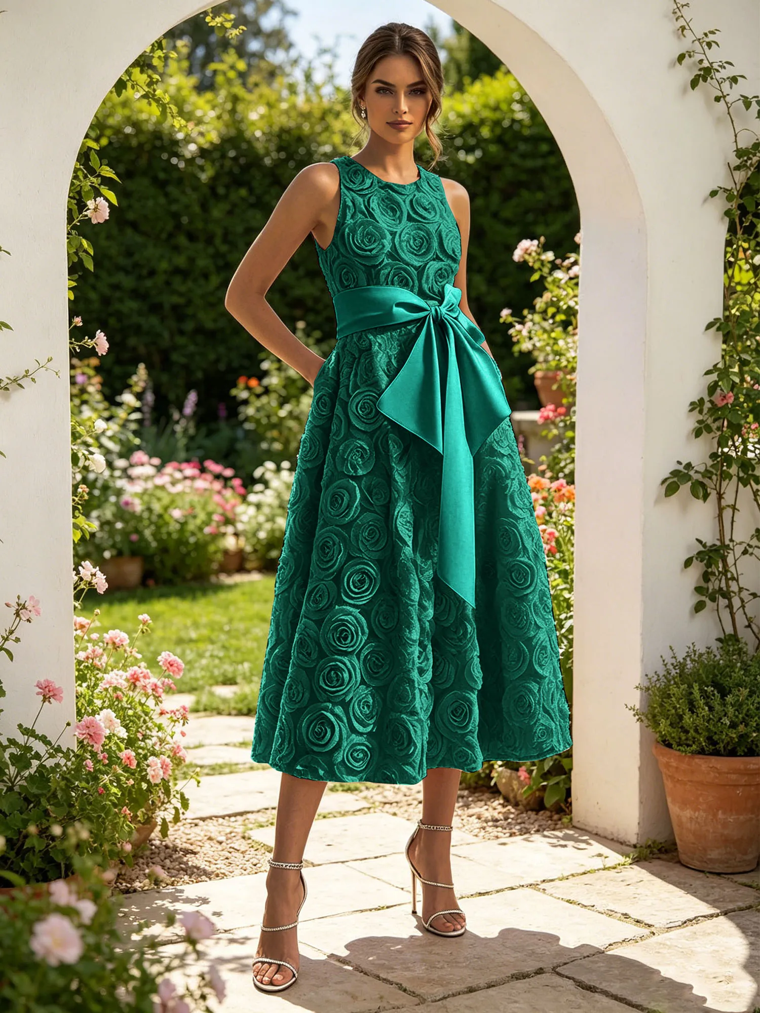 Sleeveless 3D Rose Midi Evening Dress with Satin Bow Sash