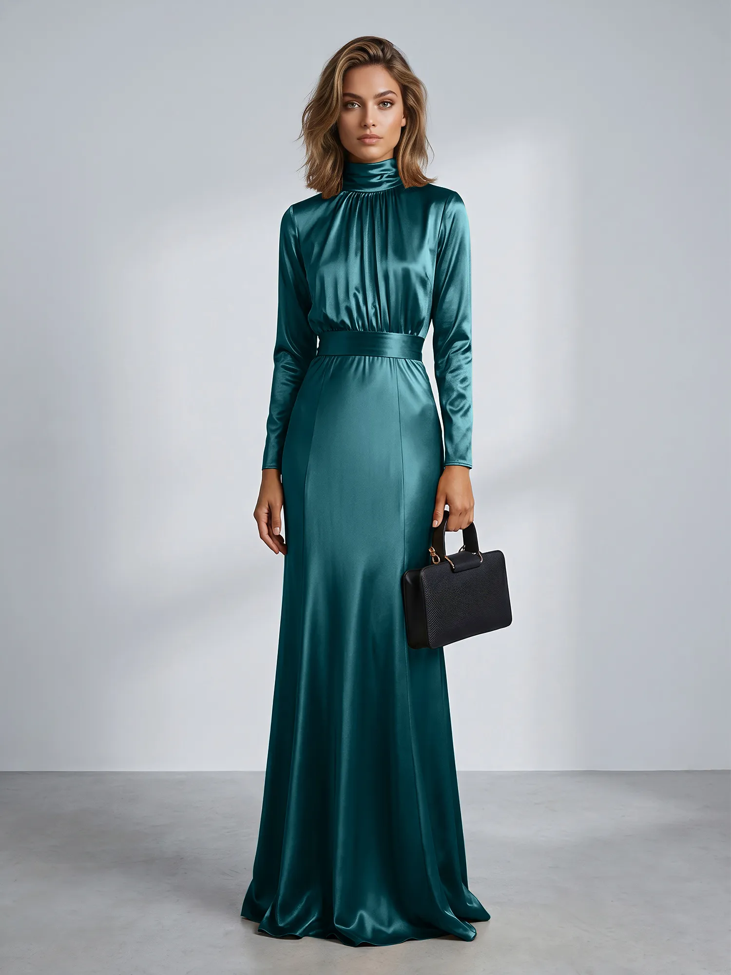 High Neck Long Sleeve Satin Mermaid Evening Gown with Waist Sash