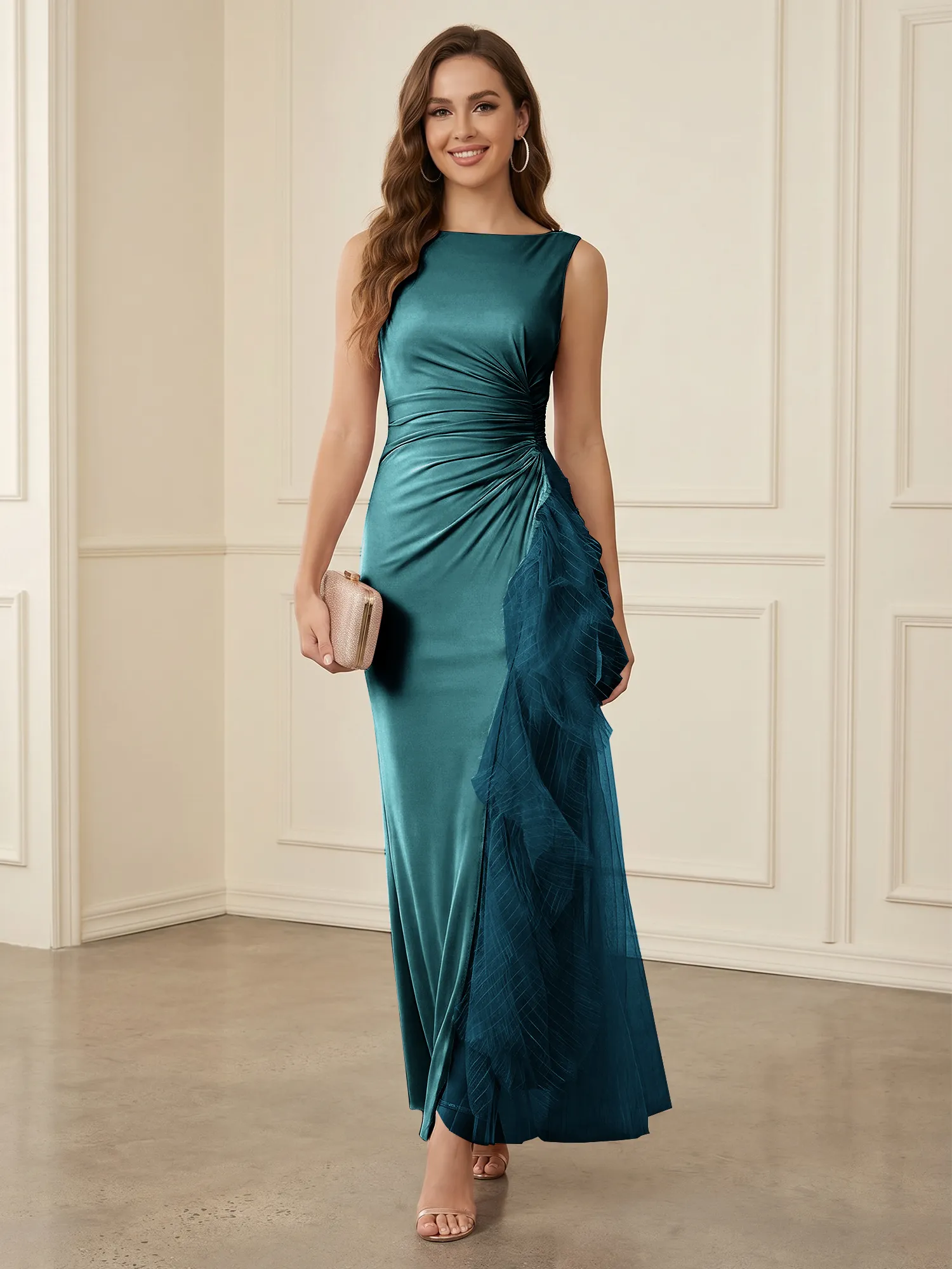 Sleeveless Ruched Sheath Evening Gown with Tulle Ruffle Detail