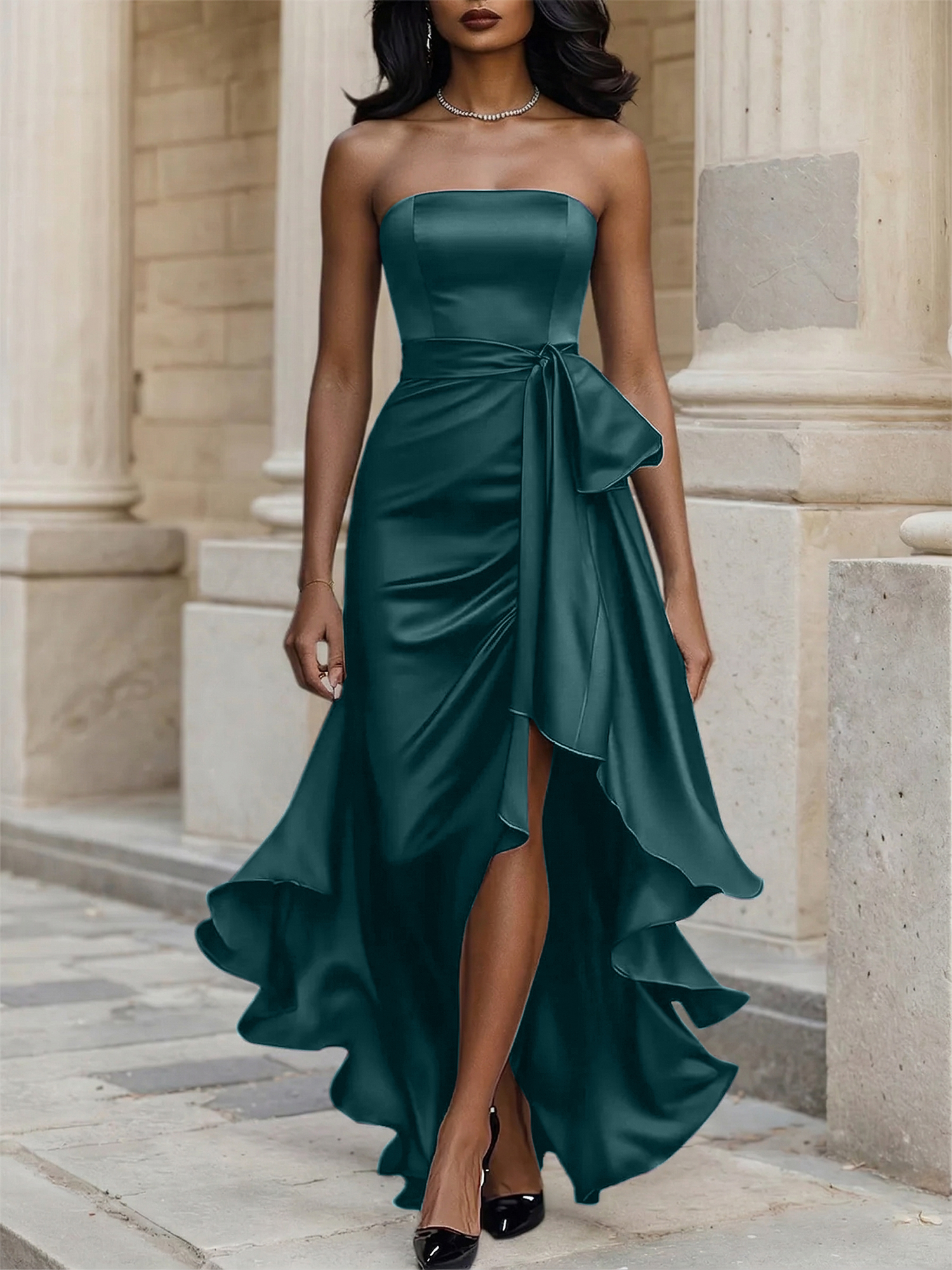 Glamorous Formal Dress Midnight Navy Strapless High-Low Satin Gown Midi Dress