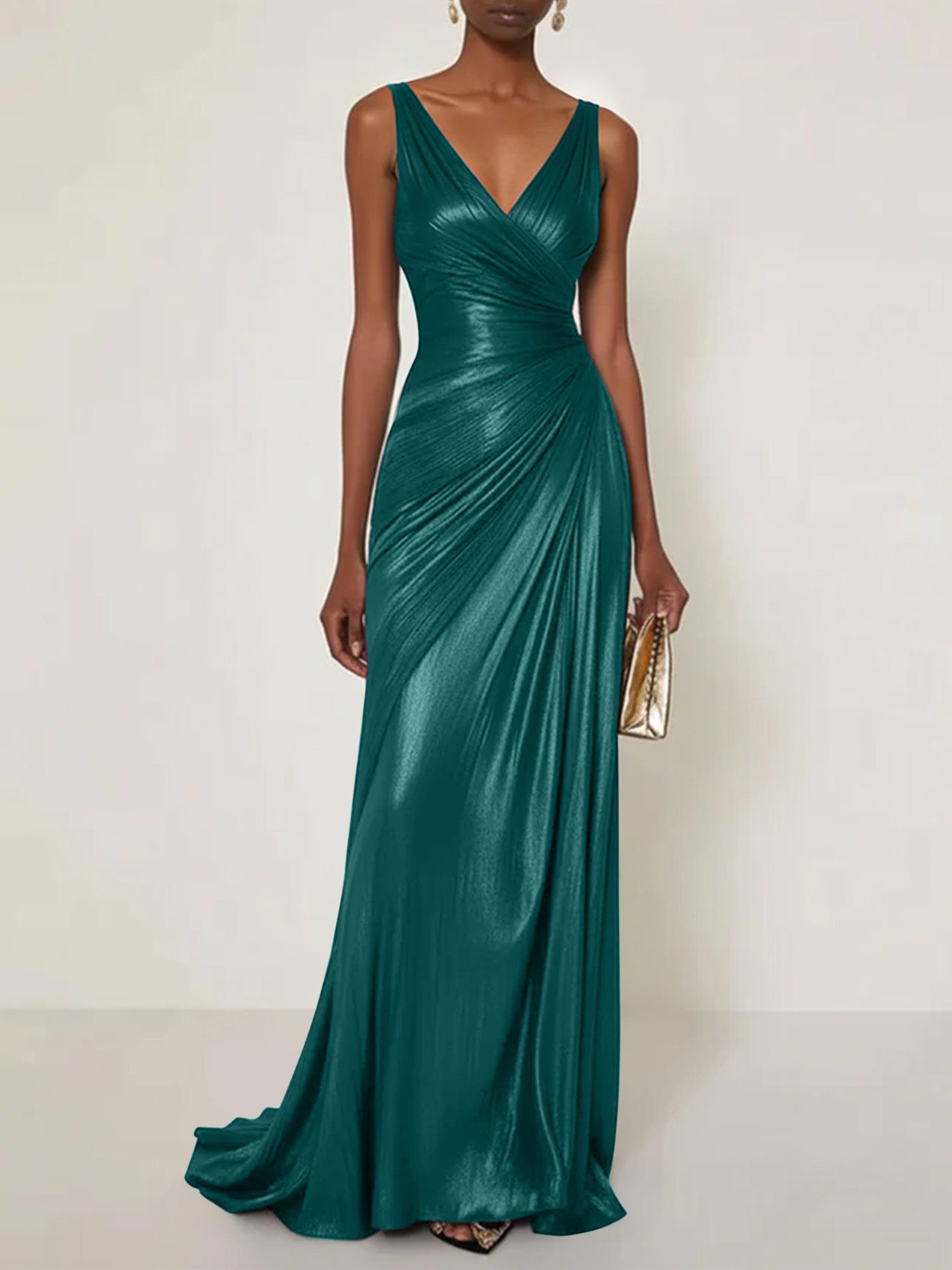 Evening Formal Dress V Neck Silk Ruffles Maxi Dress Gown