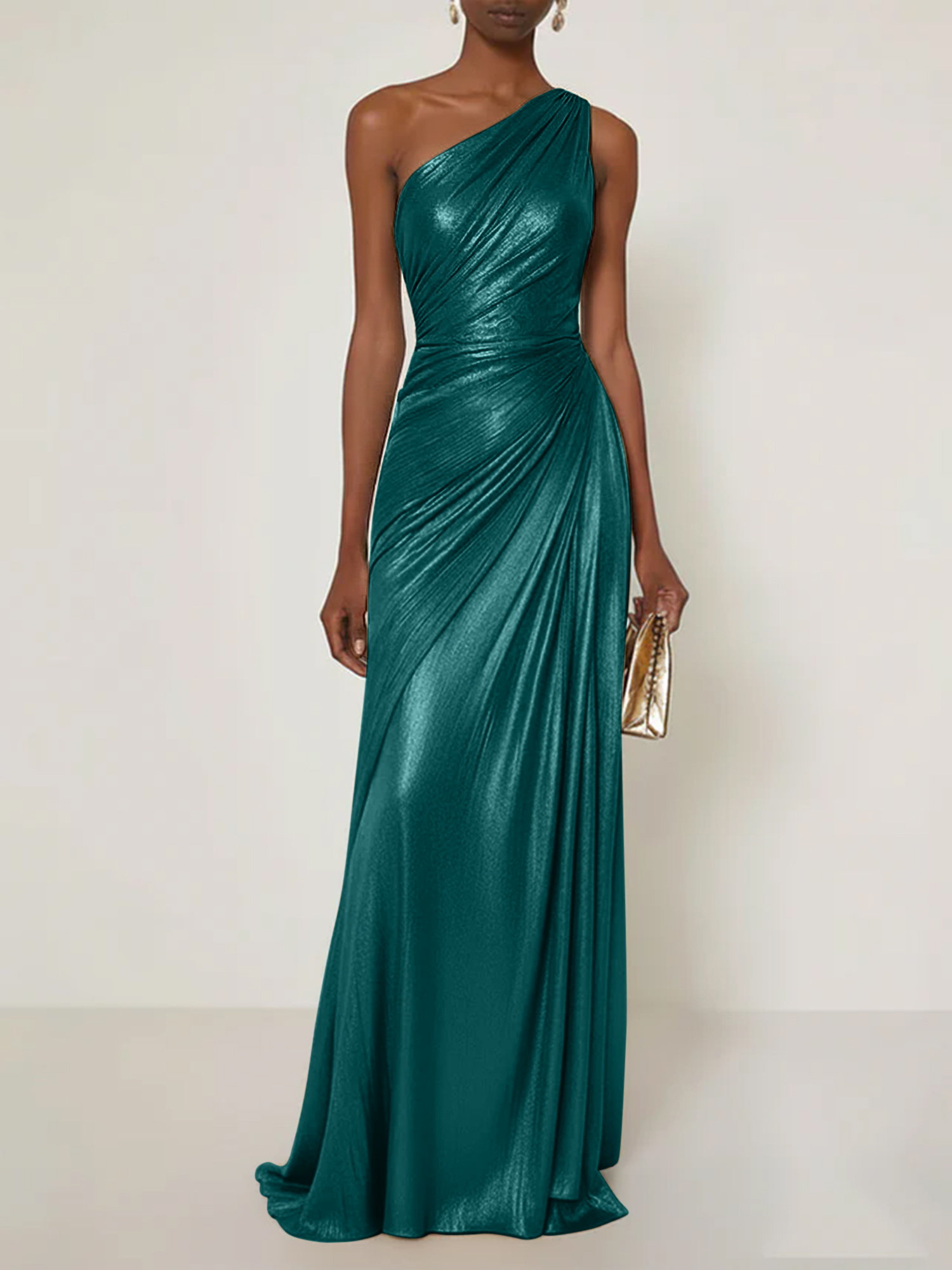 Evening Formal Dress V Neck One Shoulder Silk Ruffles Maxi Dress