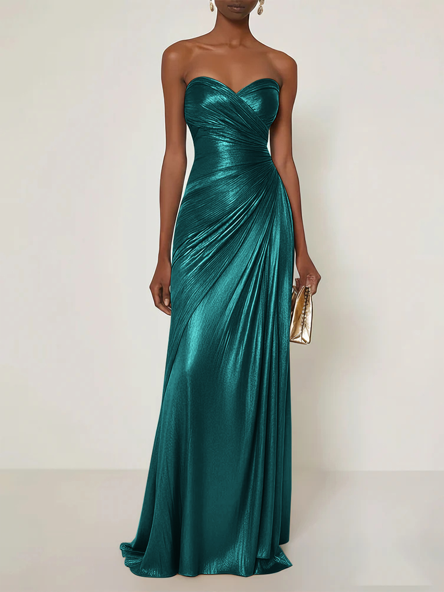Evening Formal Dress V Neck Silk Ruffles Strapless Maxi Dress