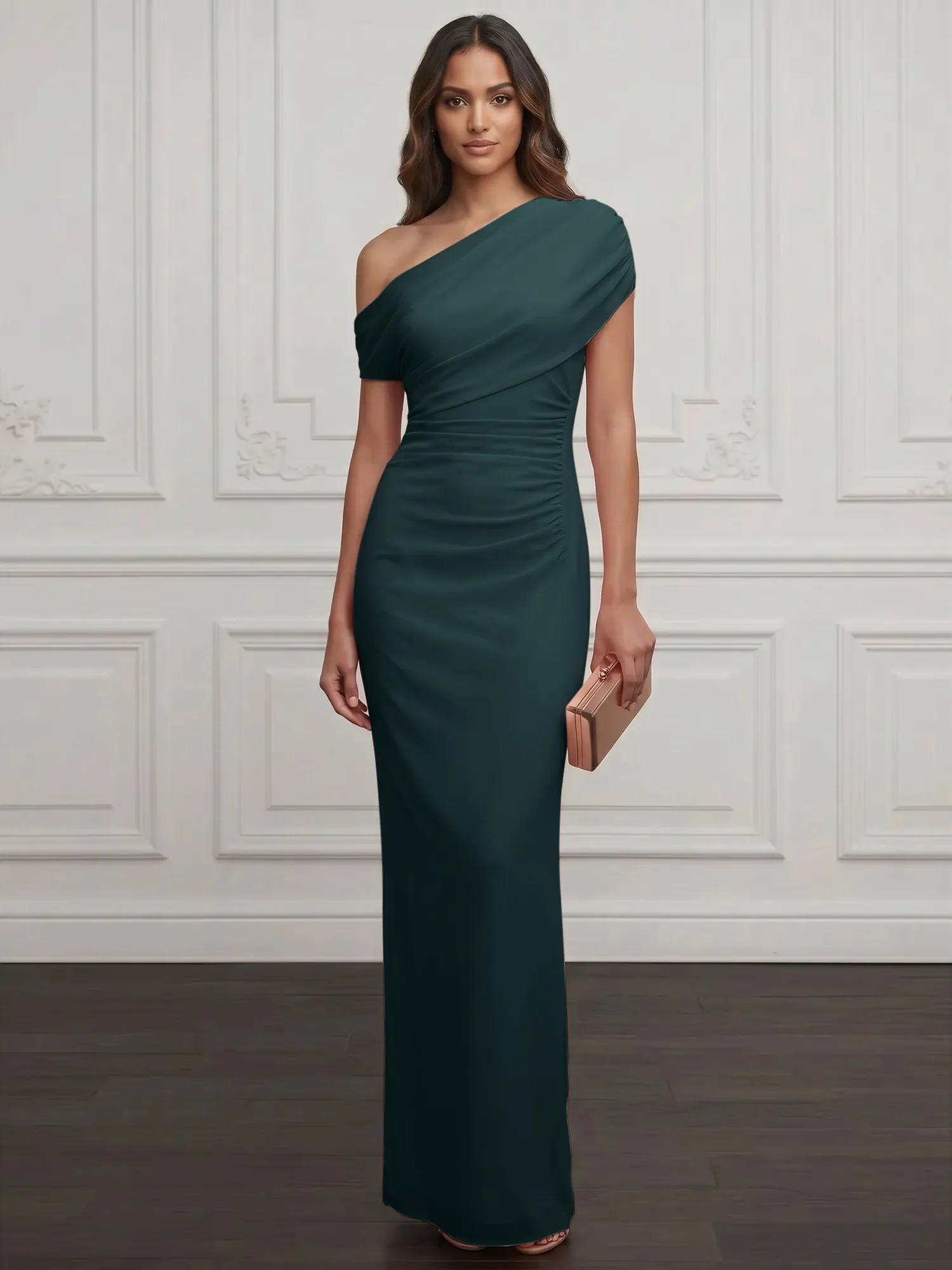 One-Shoulder Draped Chiffon Evening Gown