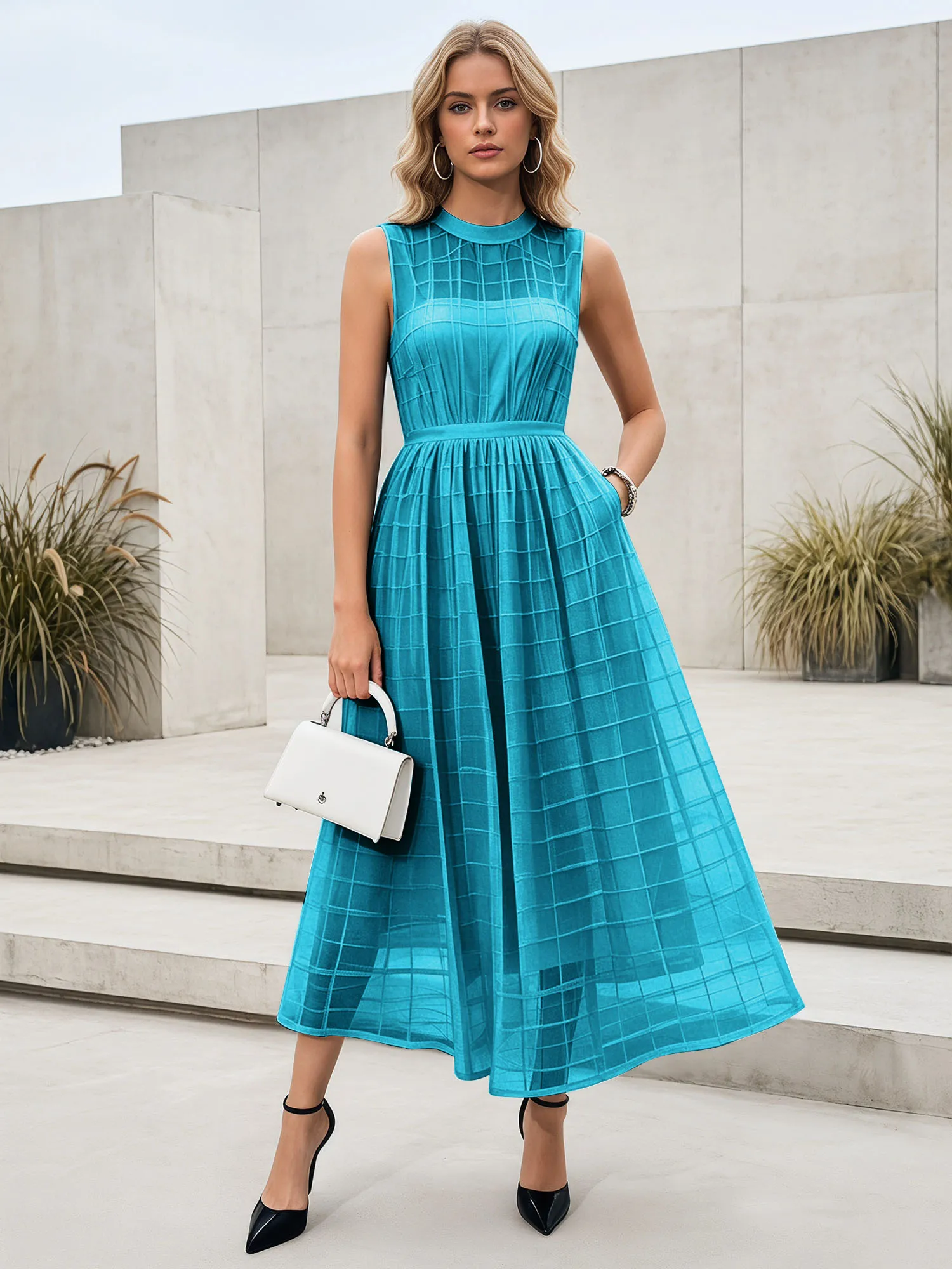 Sleeveless Grid Mesh A-Line Midi Evening Dress