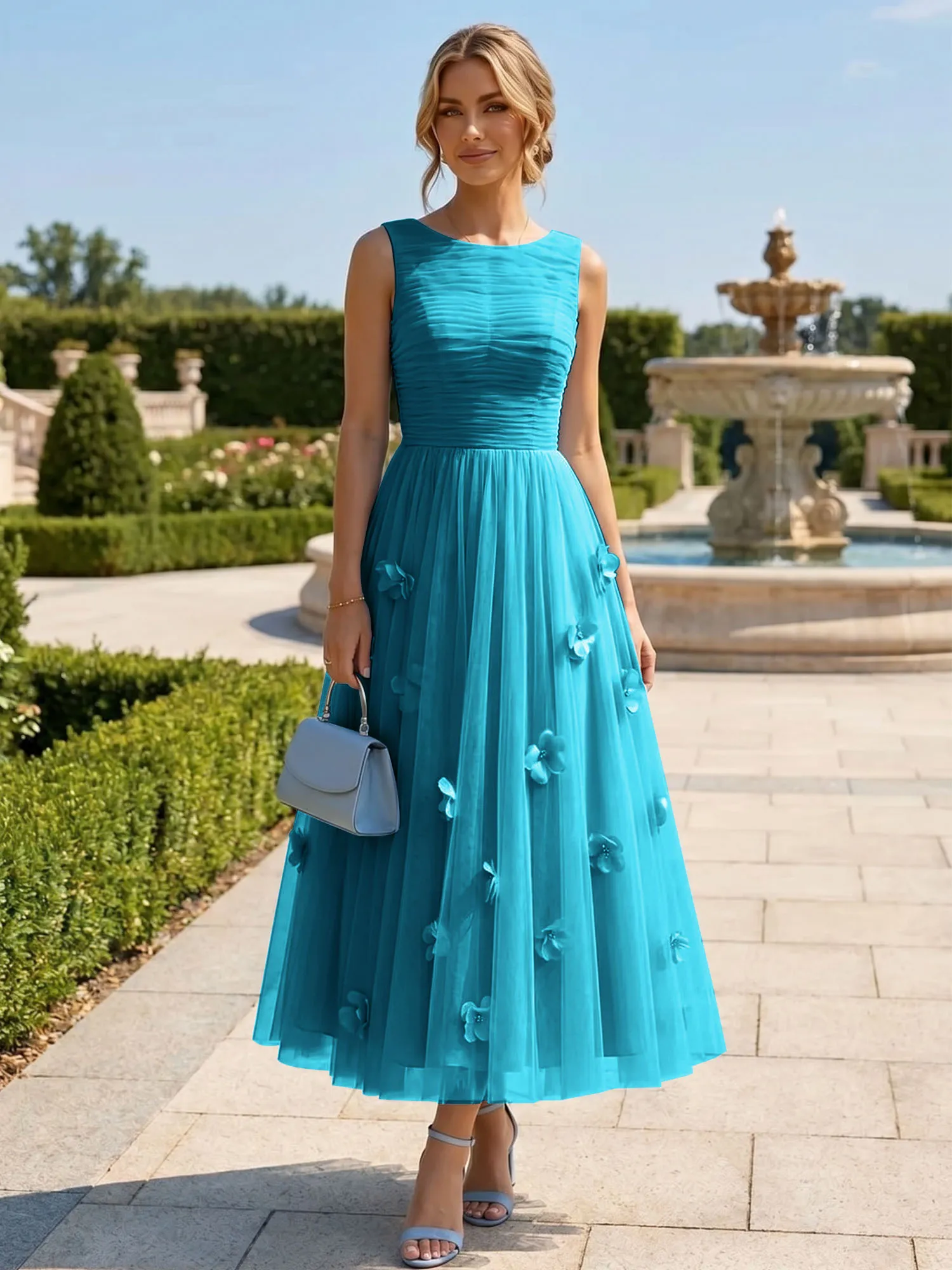 A Line Sleeveless Tulle Midi Dress with 3D Floral Appliqués