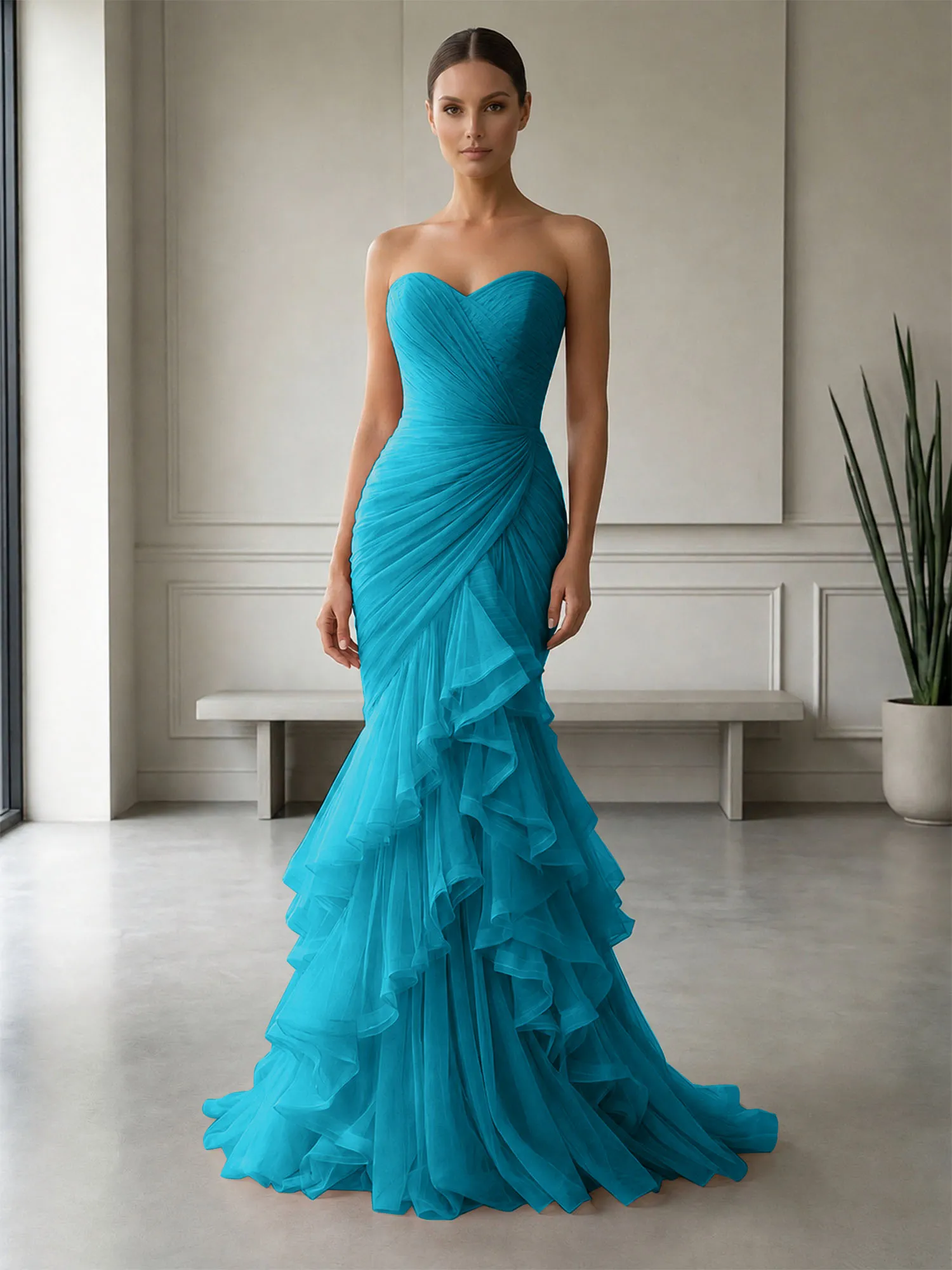 Strapless Ruched Tulle Mermaid Evening Gown Maxi Dress