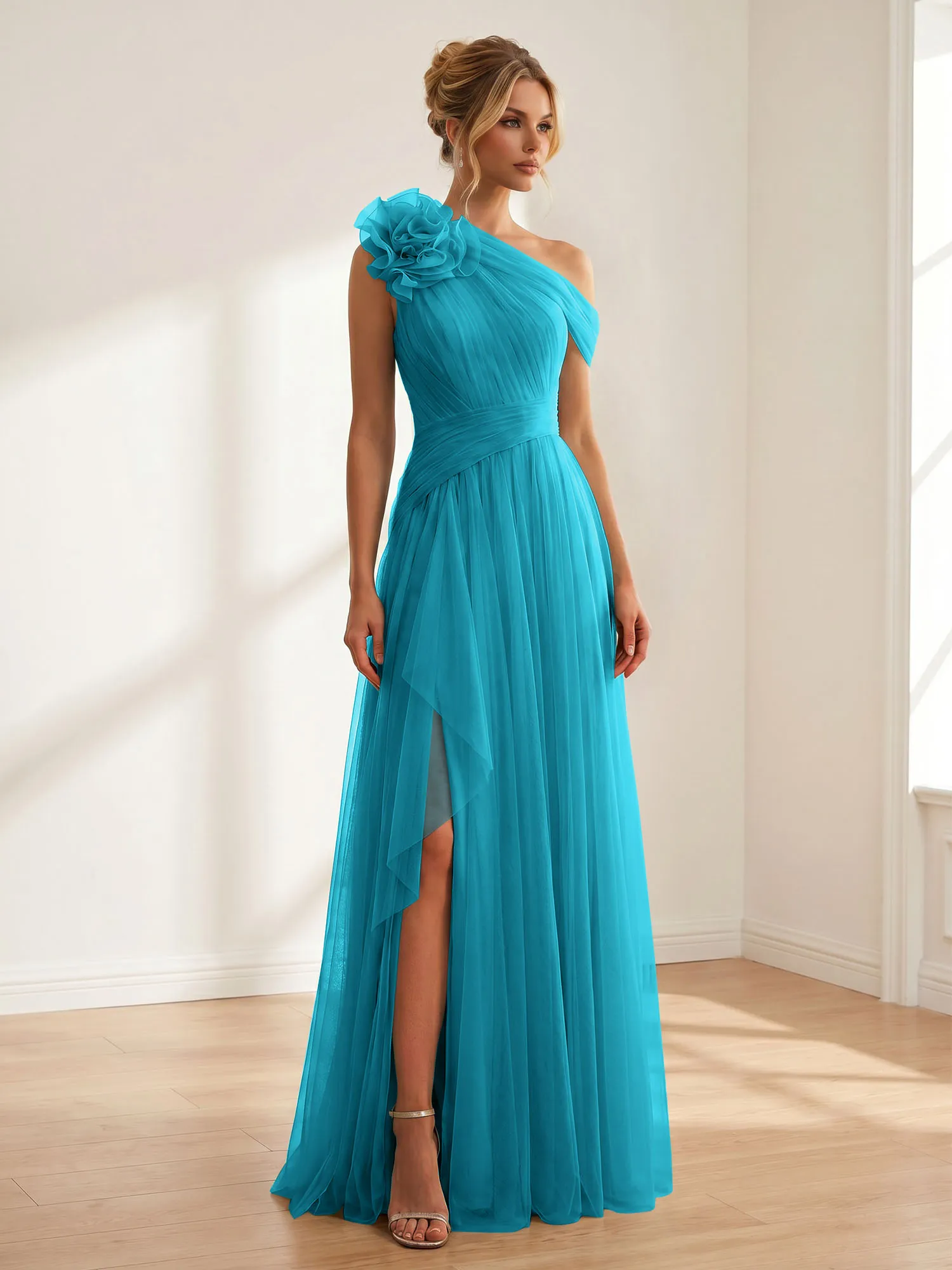 One-Shoulder Tulle Evening Gown with Floral Accent