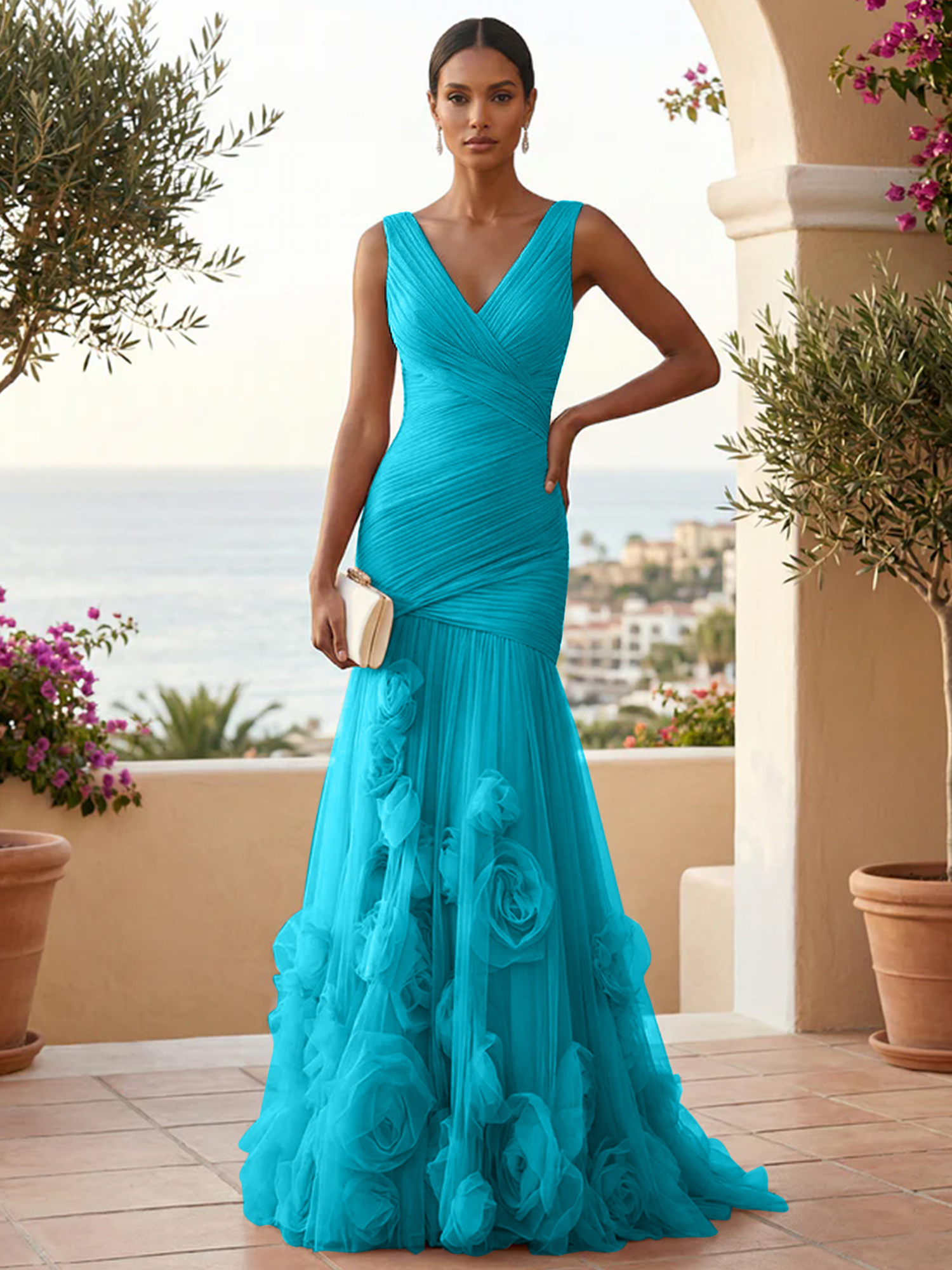 Sweetheart Tulle V Neck Pleat Mermaid Evening Dresses with 3D Flower