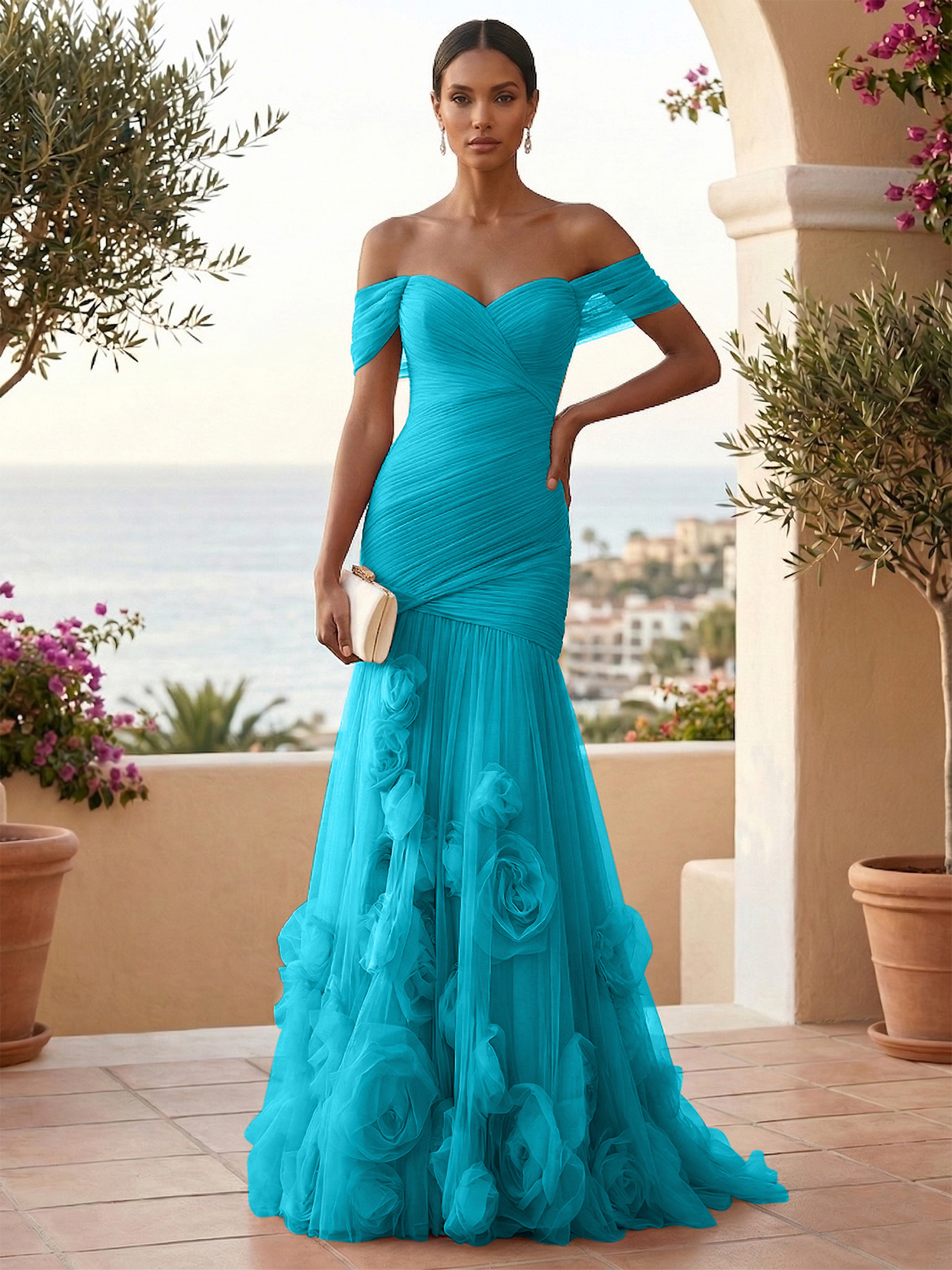 Sweetheart Tulle Off the Shoulder Pleat Mermaid Evening Dresses with 3D Flower
