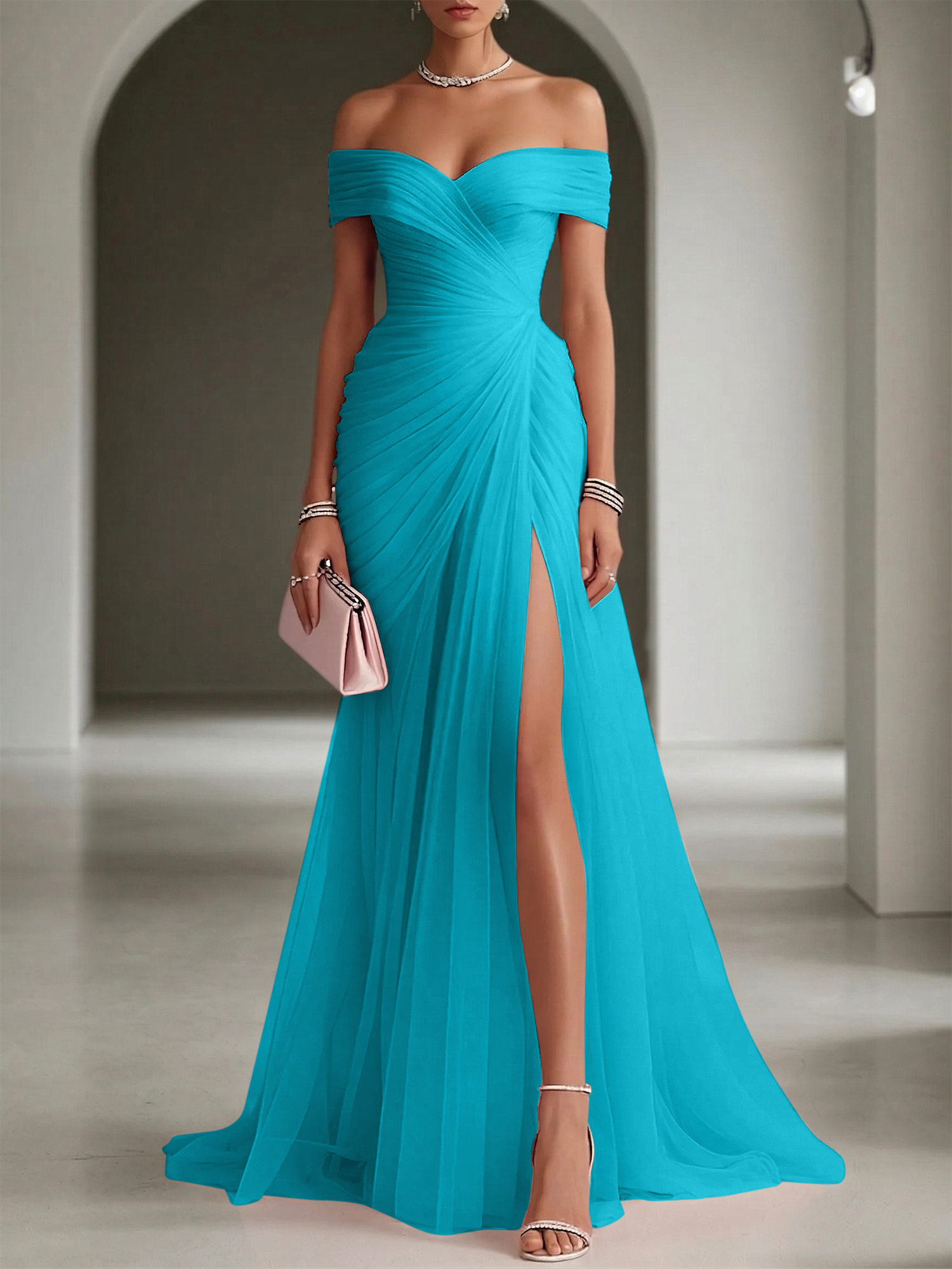 Blush Ruched Slit Tulle Off the Shoulder Sleeveless Sheath Gown Dress