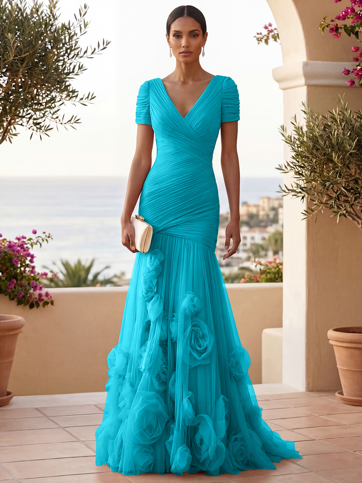 Sweetheart Tulle Short Sleeves Pleat Mermaid Evening Dresses with 3D Flower