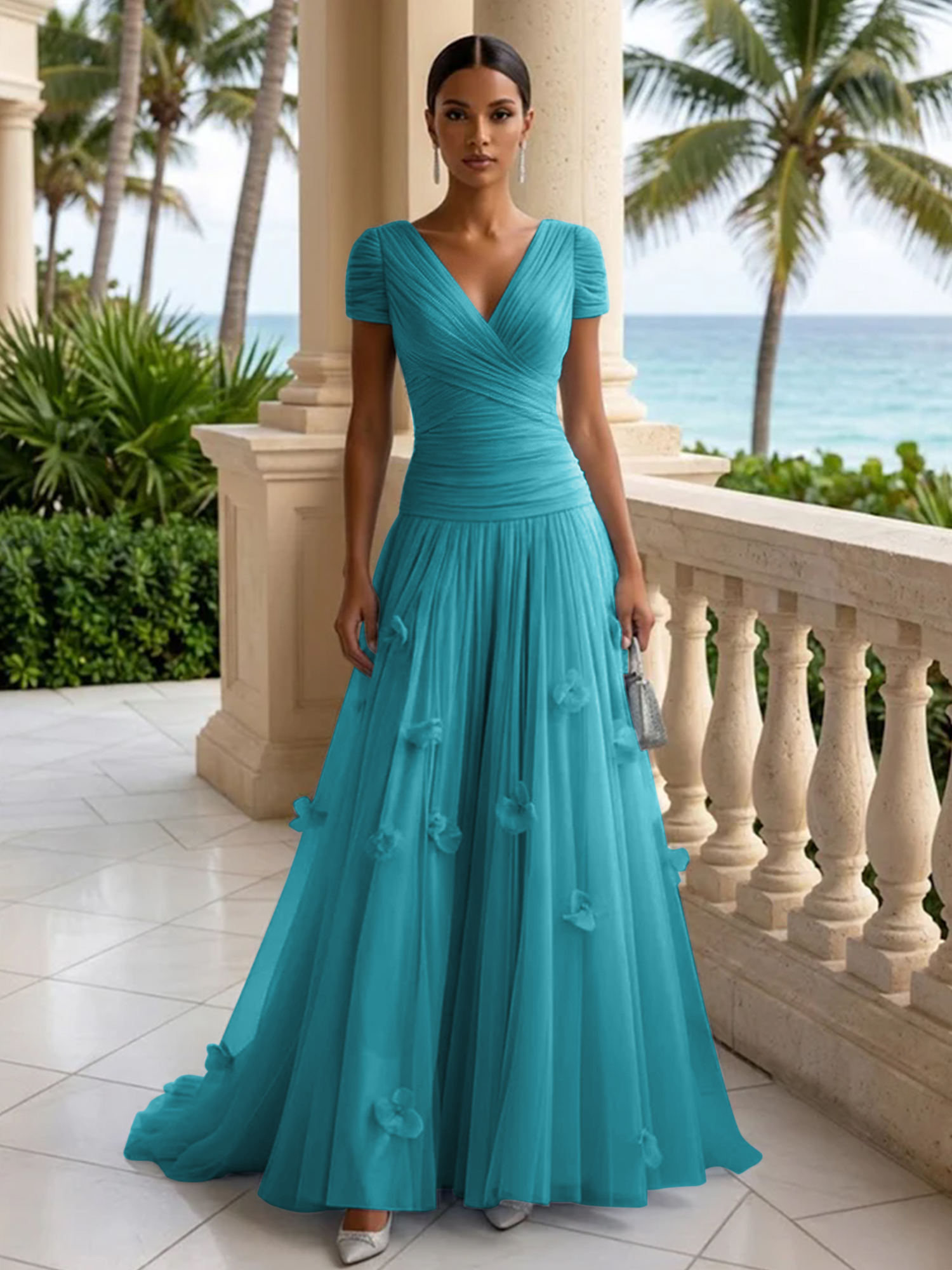 Elegant V-Neck Ruched Tulle A-Line Evening Gown with 3D Floral Appliqués