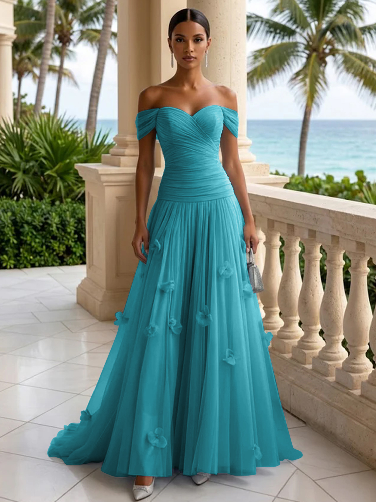 Elegant Off-the-Shoulder Ruched Tulle A-Line Evening Gown with 3D Floral Appliqués