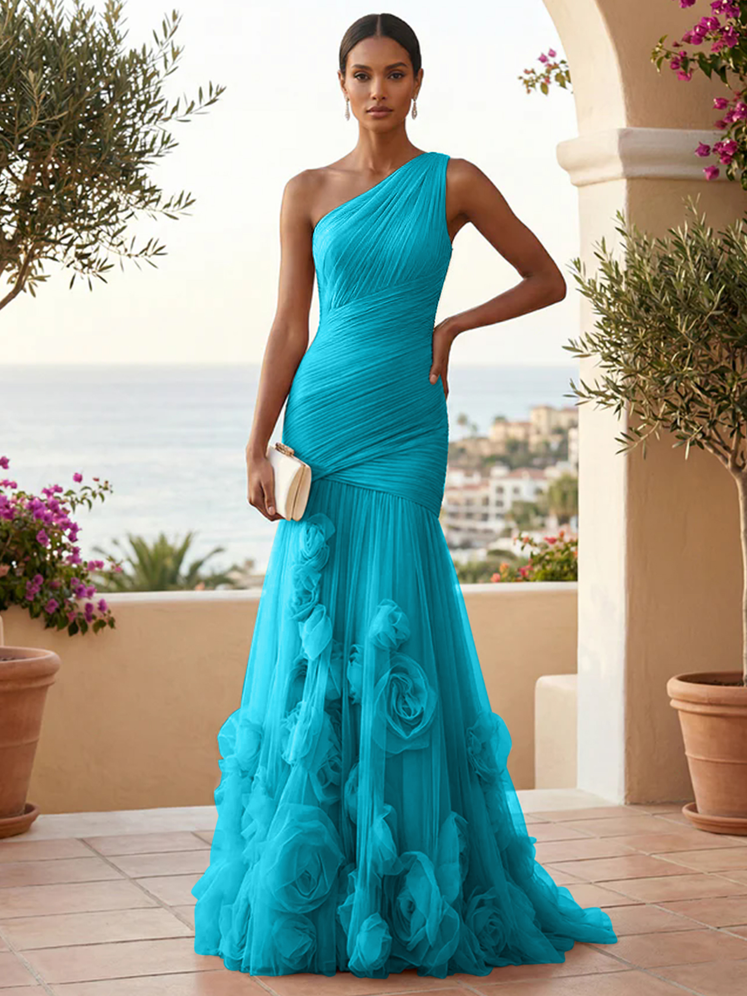 Sweetheart Tulle Pleat One Shoulder Mermaid Evening Dresses Gown with 3D Flower