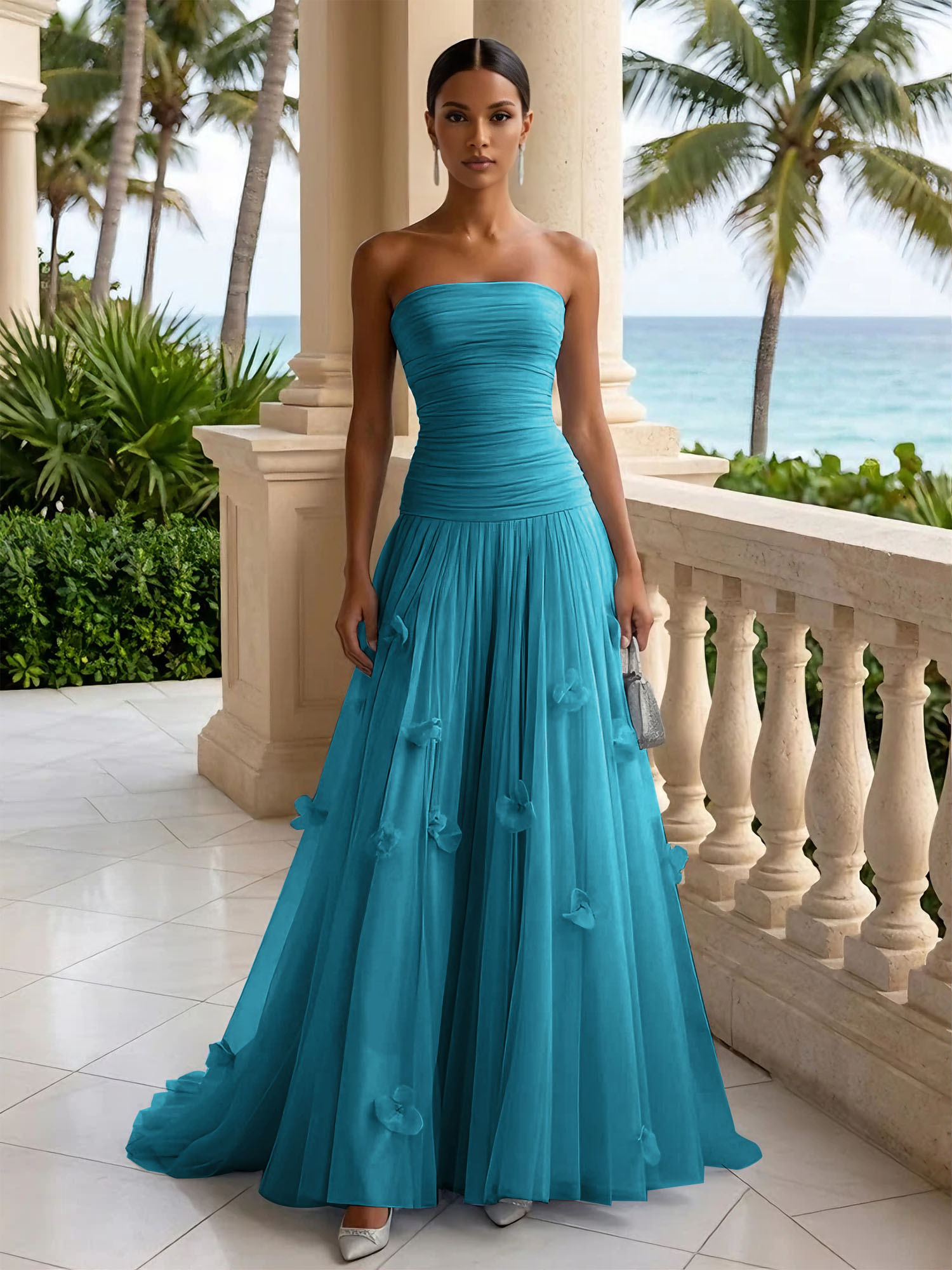 Light Blue Evening Dress with 3D Flower Strapless Pleat Maxi Dress