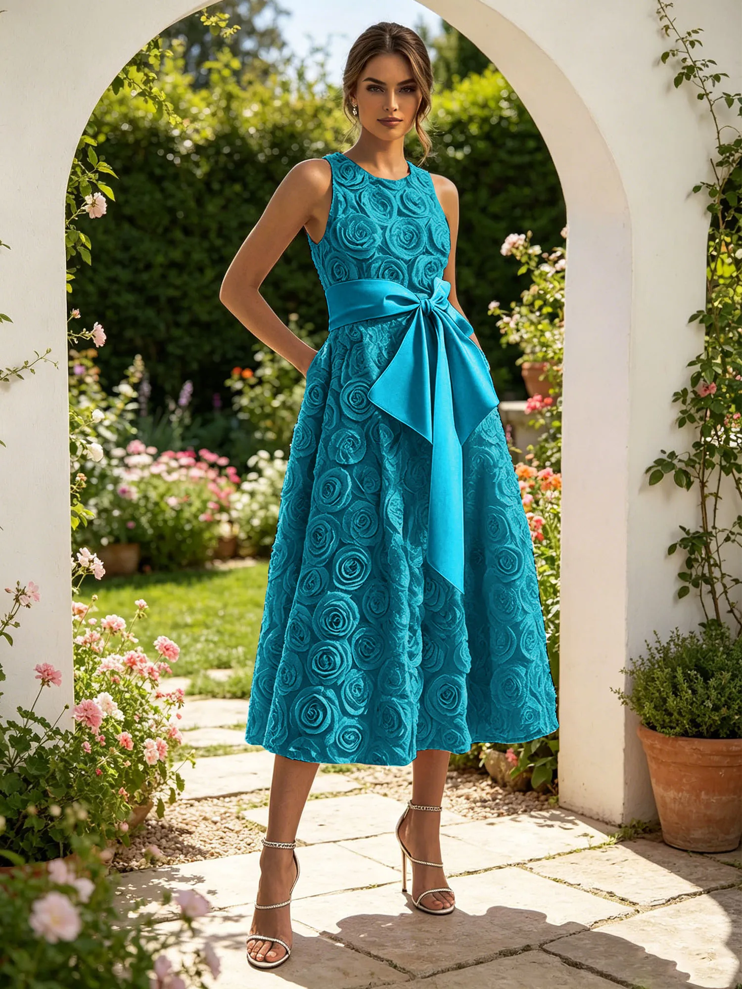 Sleeveless 3D Rose Midi Evening Dress with Satin Bow Sash