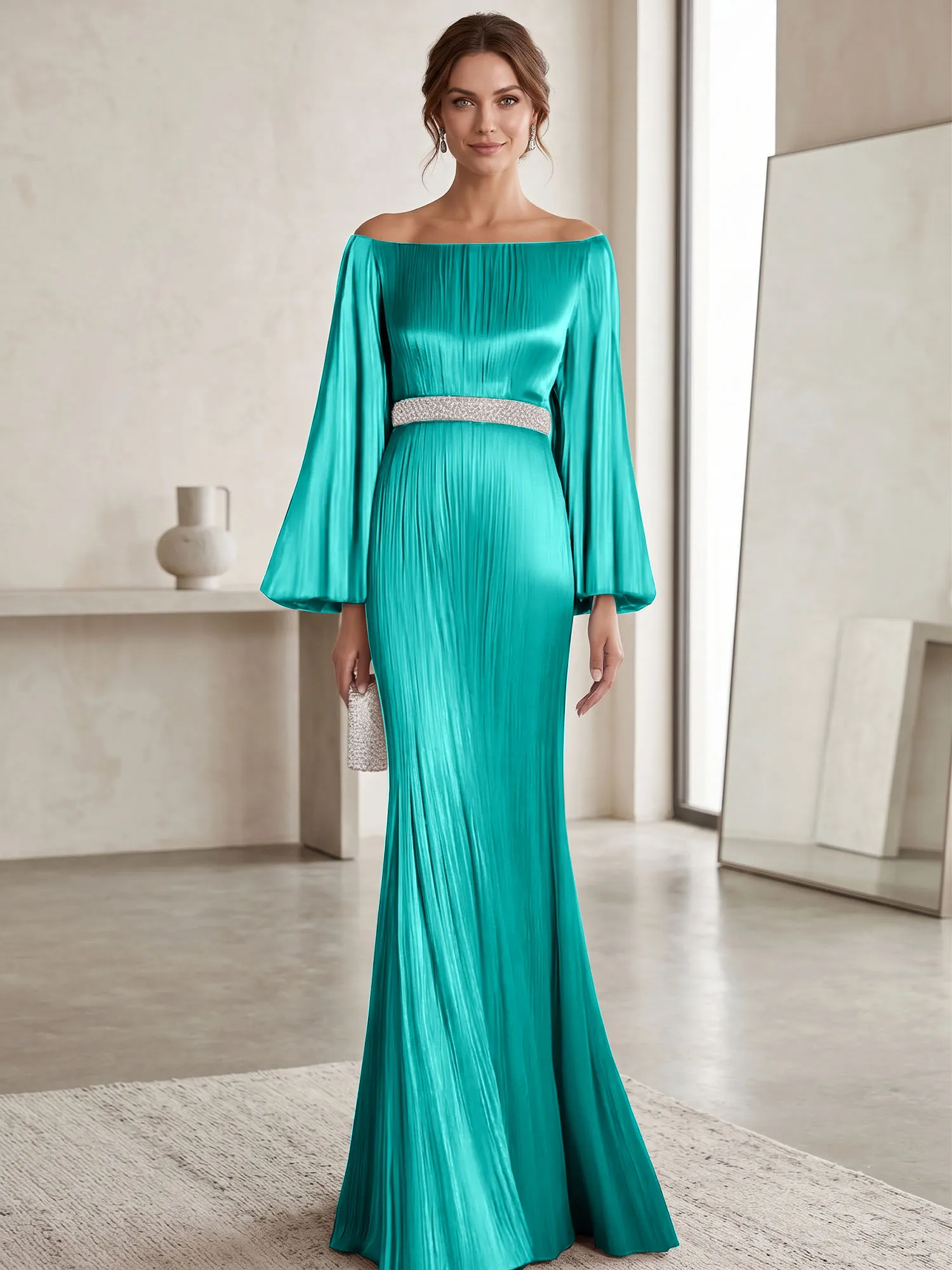 Off-the-Shoulder Pleated Satin Evening Gown with Beaded Waistband