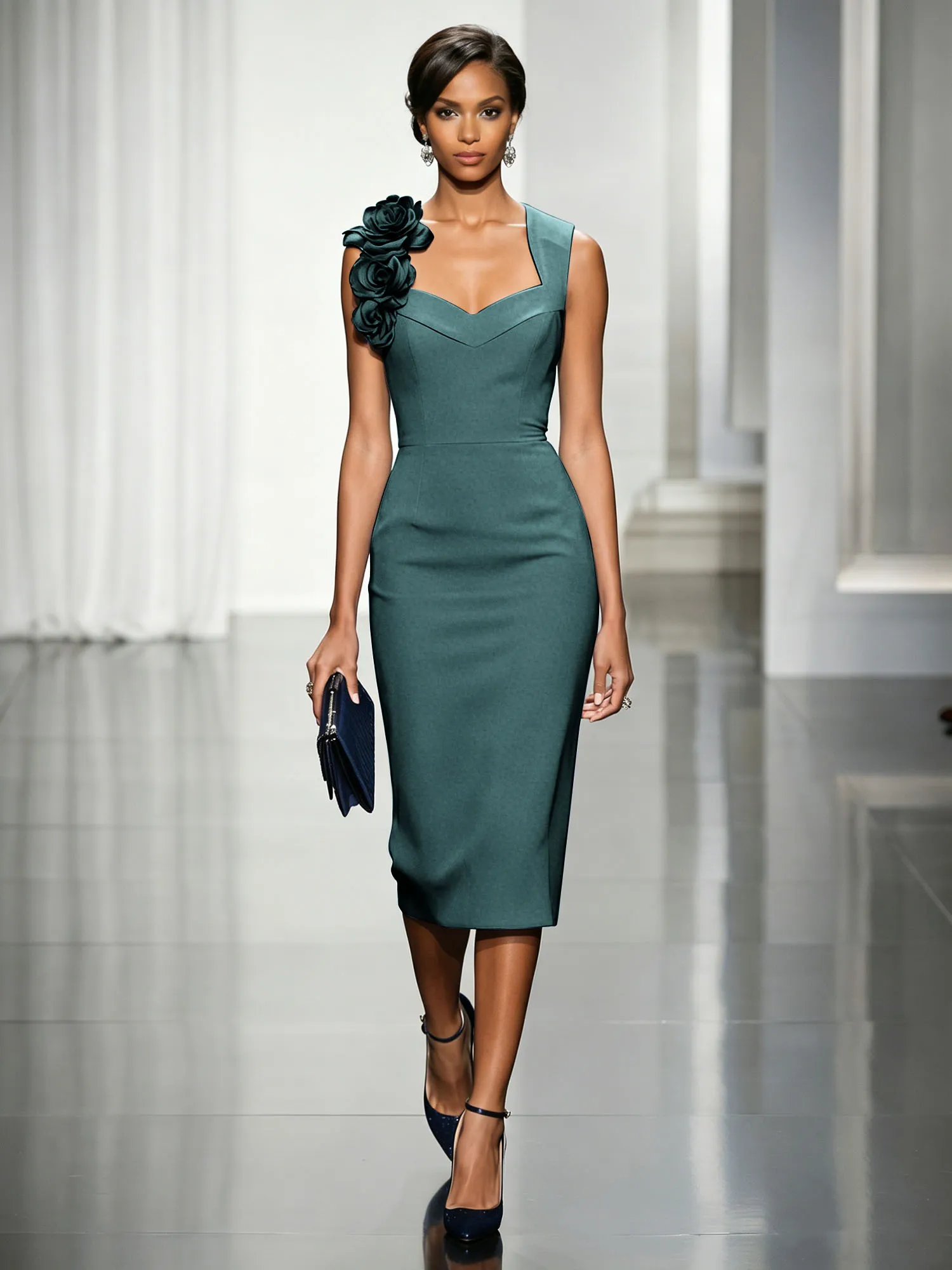Asymmetric Neckline Crepe Midi Dress with 3D Floral Appliqué