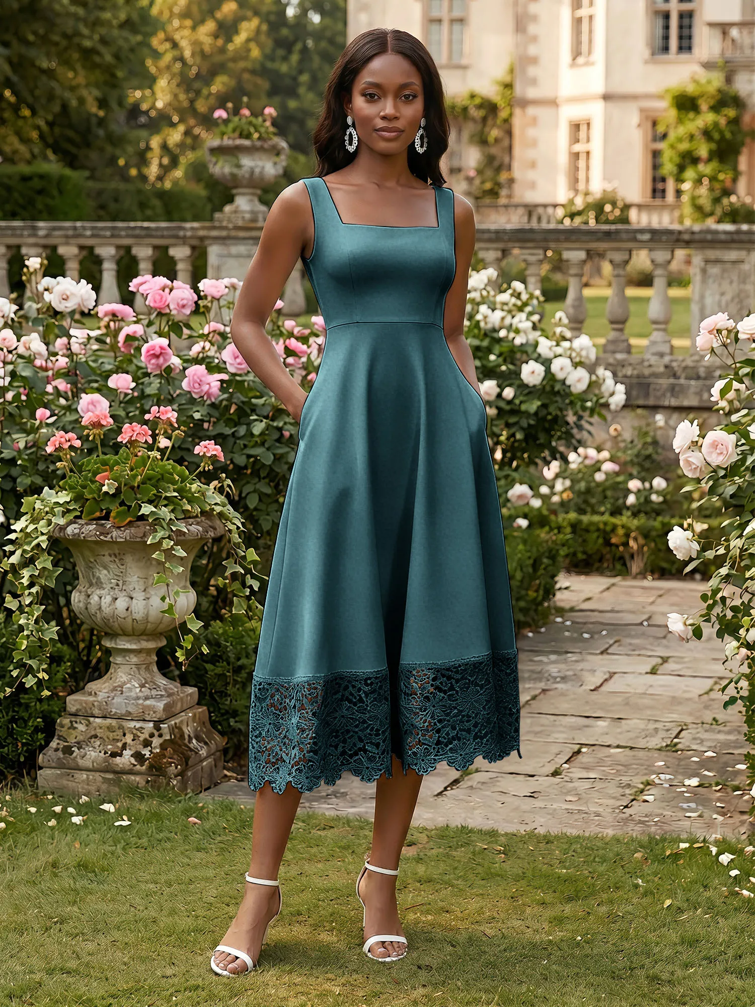 Square Neck Crepe Midi Evening Dress with Lace Hem