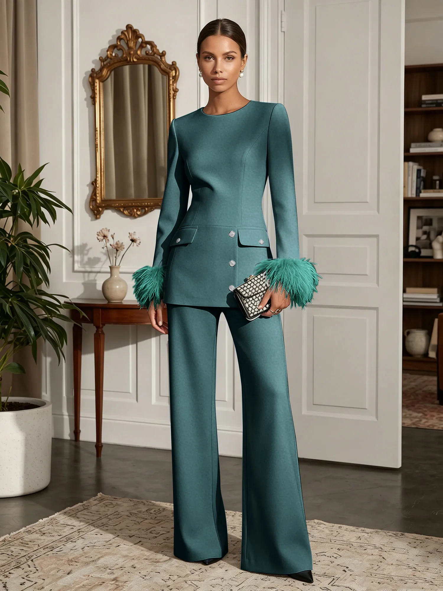 Scoop Neck Feather Cuff Tailored Evening Pant Suit