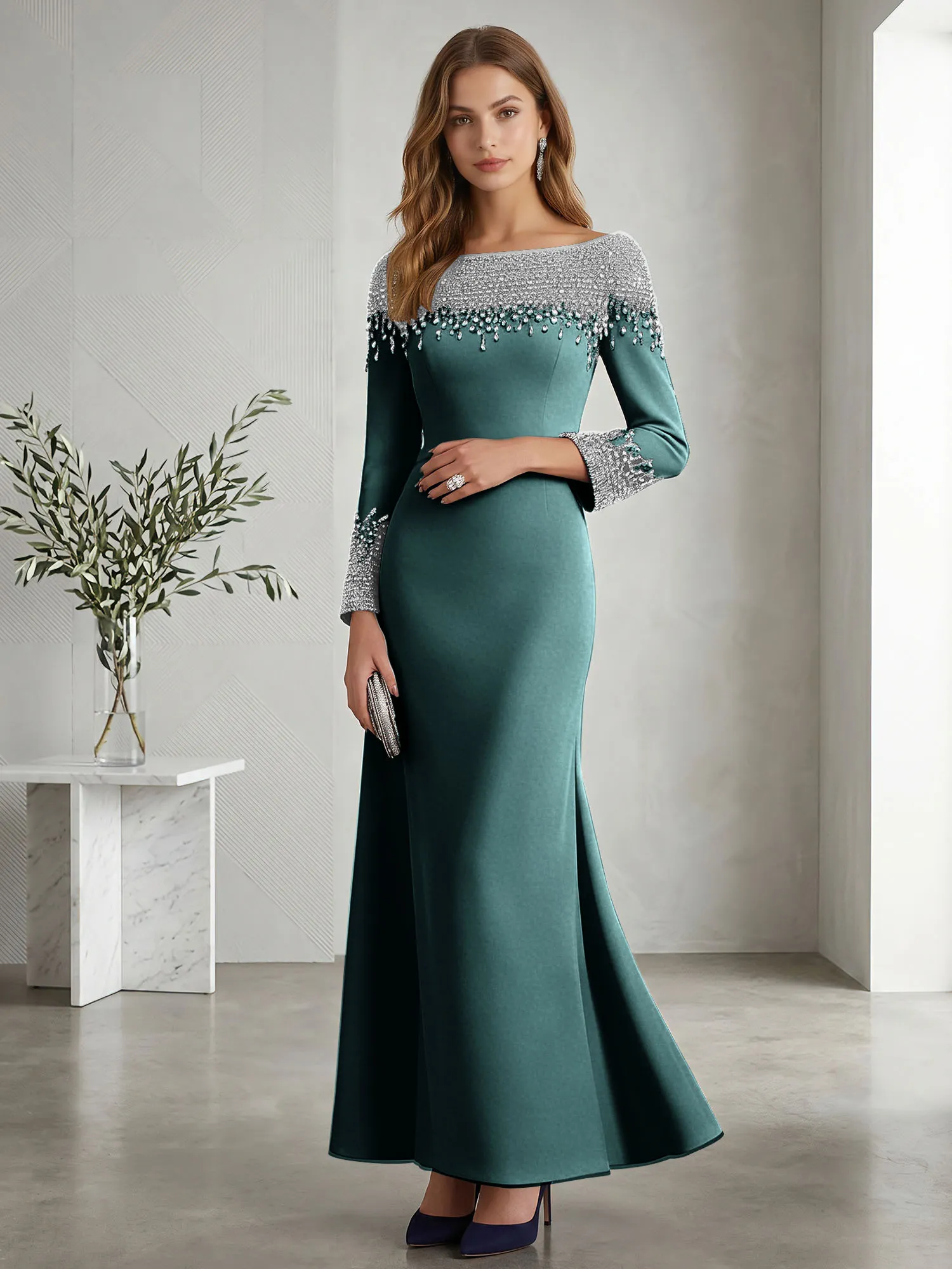 Beaded Off-the-Shoulder Long Sleeve Mermaid Evening Gown