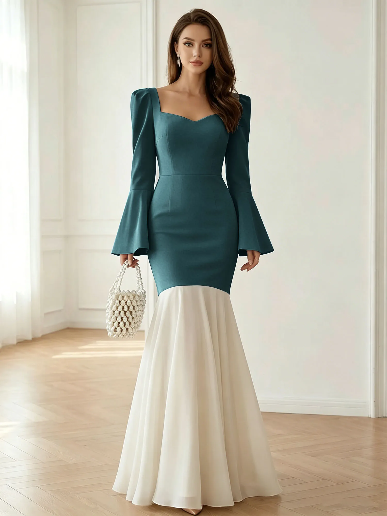 Sweetheart Neck Bell Sleeve Two-Tone Mermaid Evening Gown