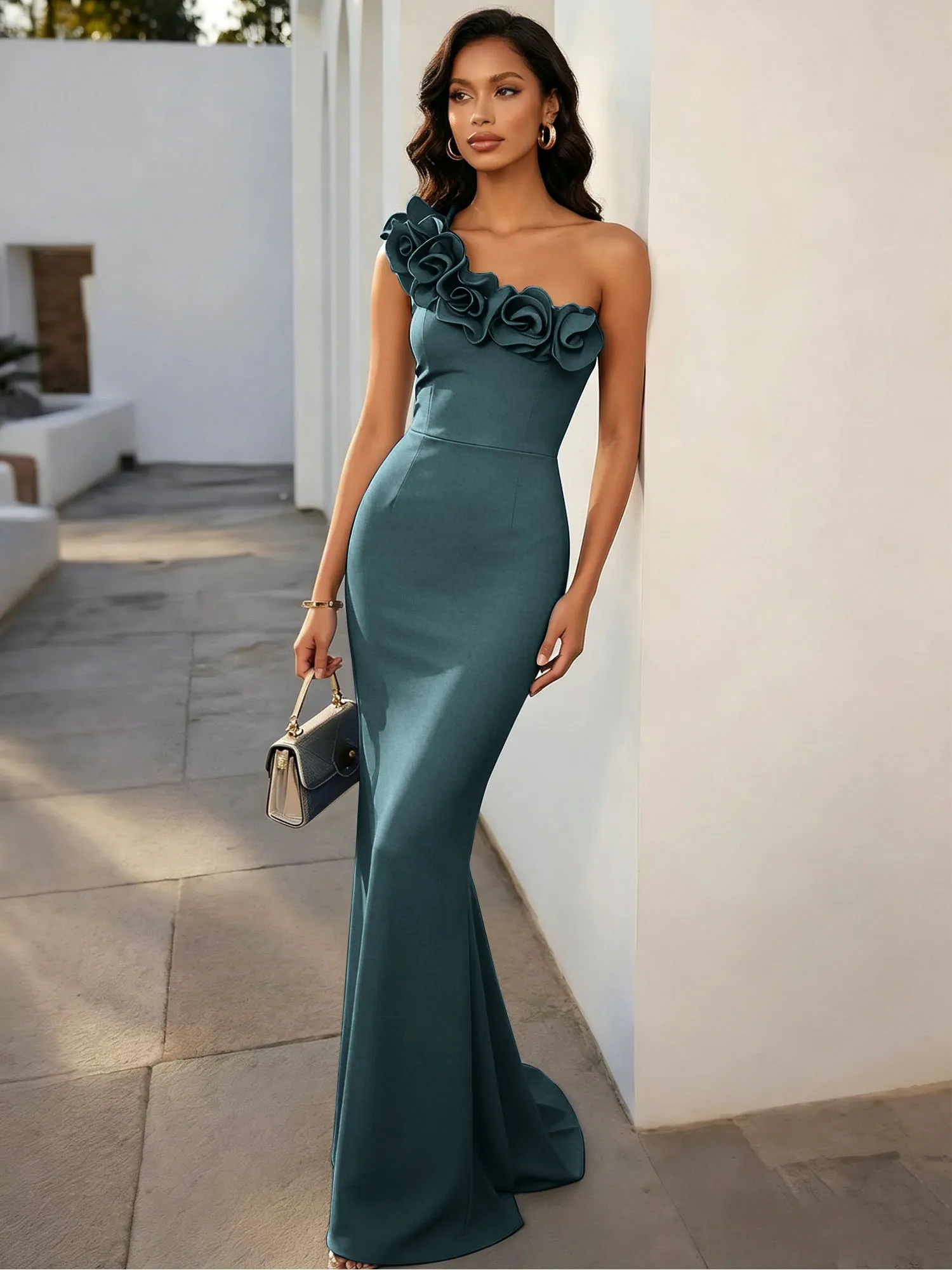 One-Shoulder 3D Floral Mermaid Evening Gown