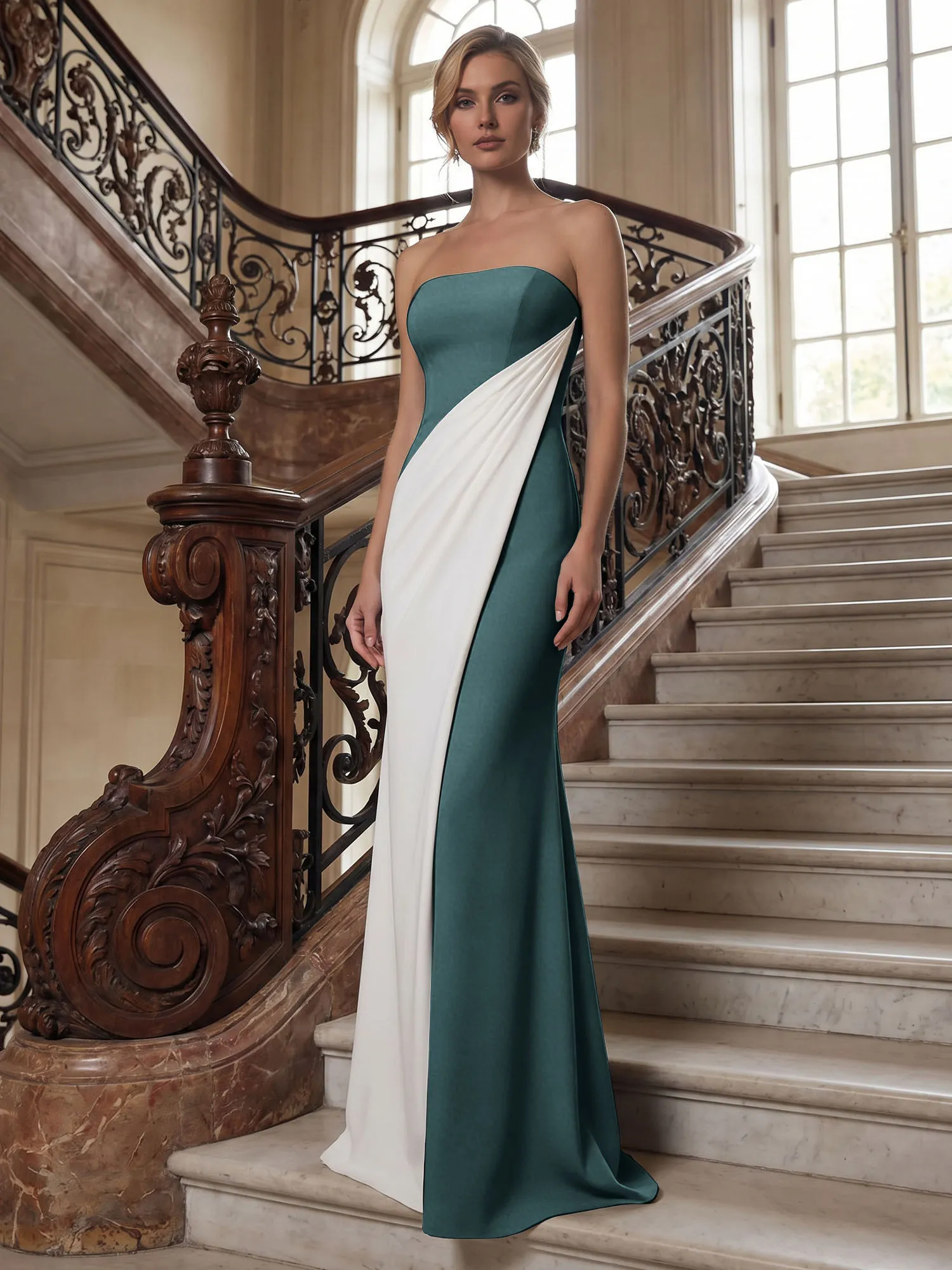 Strapless Two-Tone Draped Mermaid Evening Gown