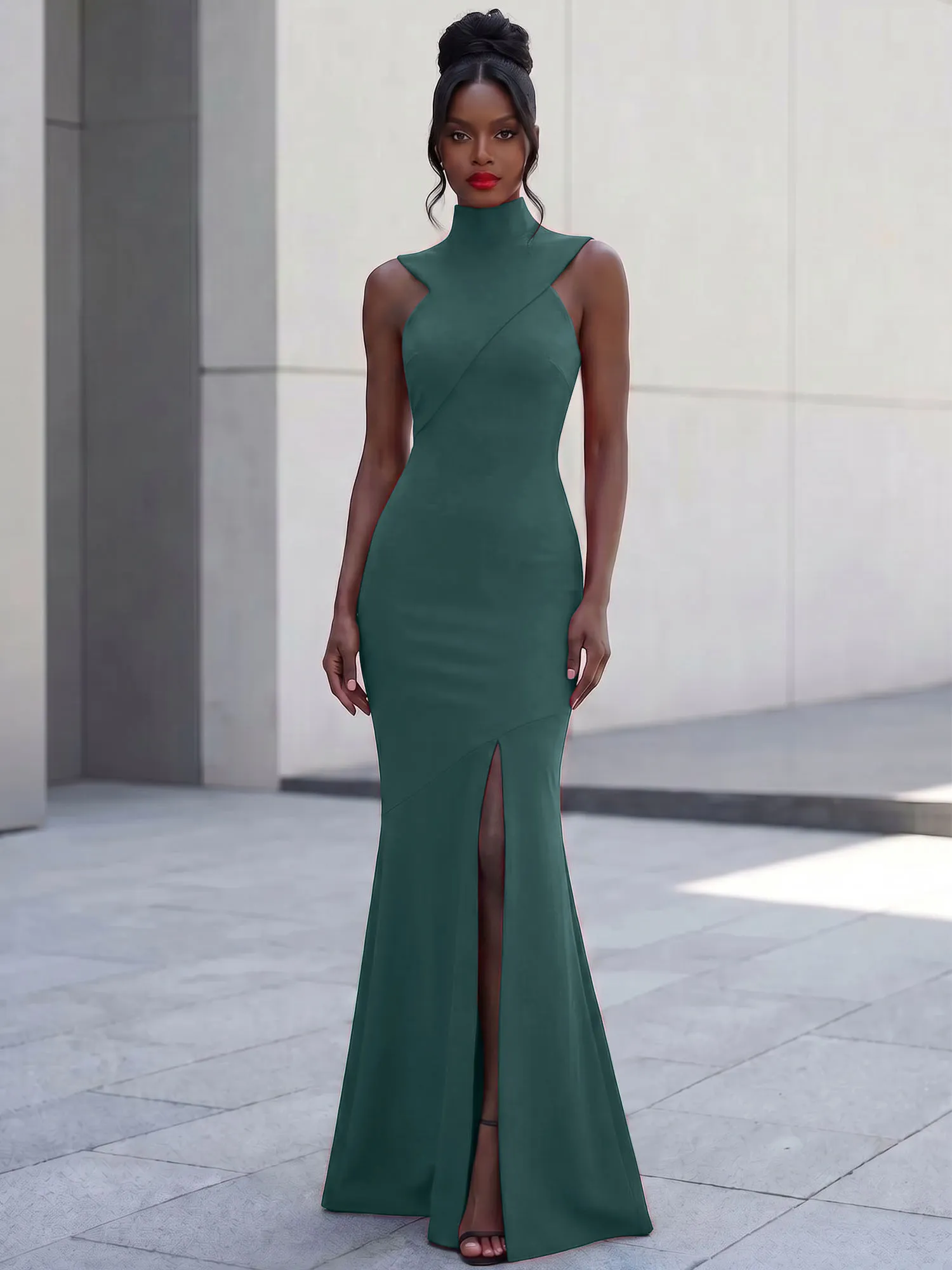 High Neck Asymmetric Cutout Mermaid Evening Gown