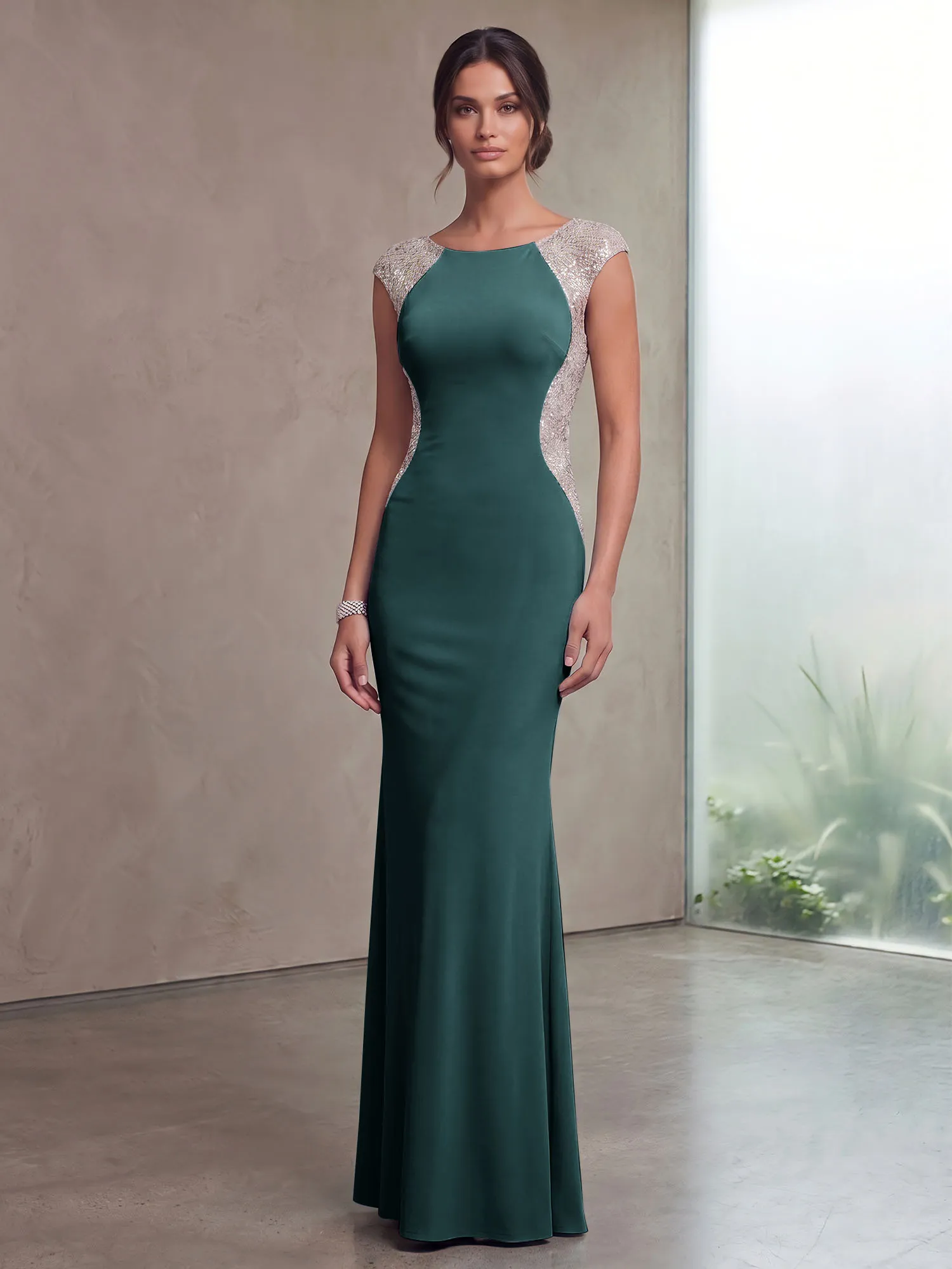Bateau Neck Sequins Cap Sleeve Mermaid Evening Gown
