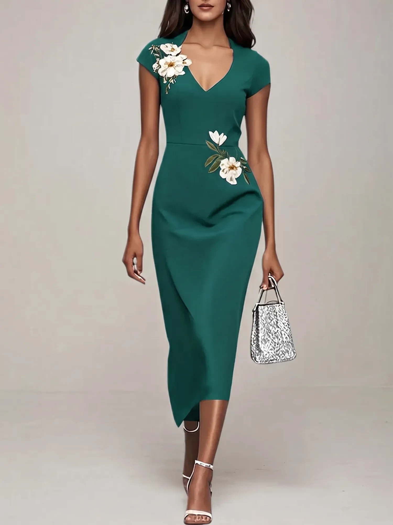 V-Neck Cap Sleeve Floral Embroidered Sheath Evening Dress