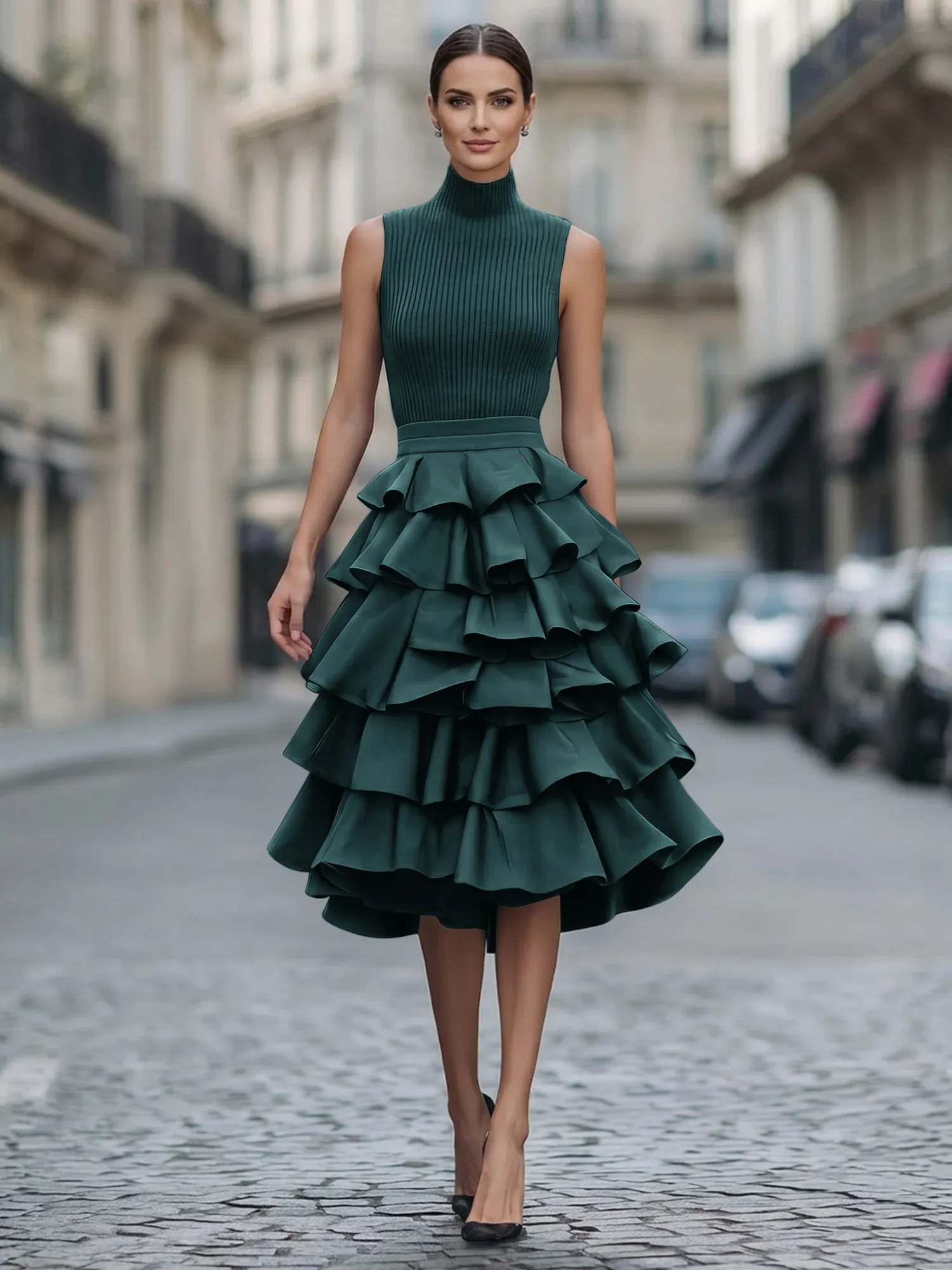 A Line High-Neck Pleated Tiered Evening Dress Maxi Dress