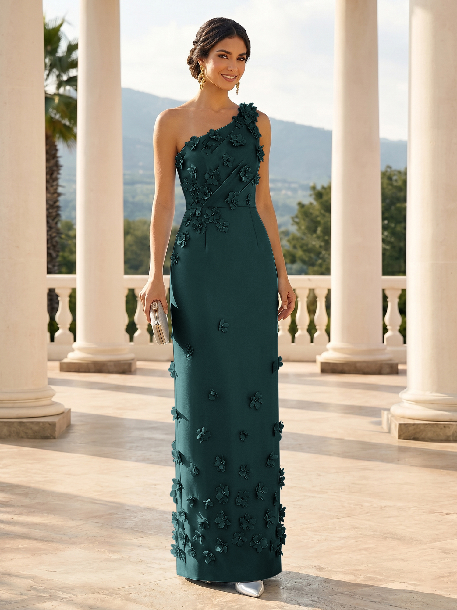 Enchanting Sky Blue One-Shoulder Evening Dress with 3D Floral Appliqués