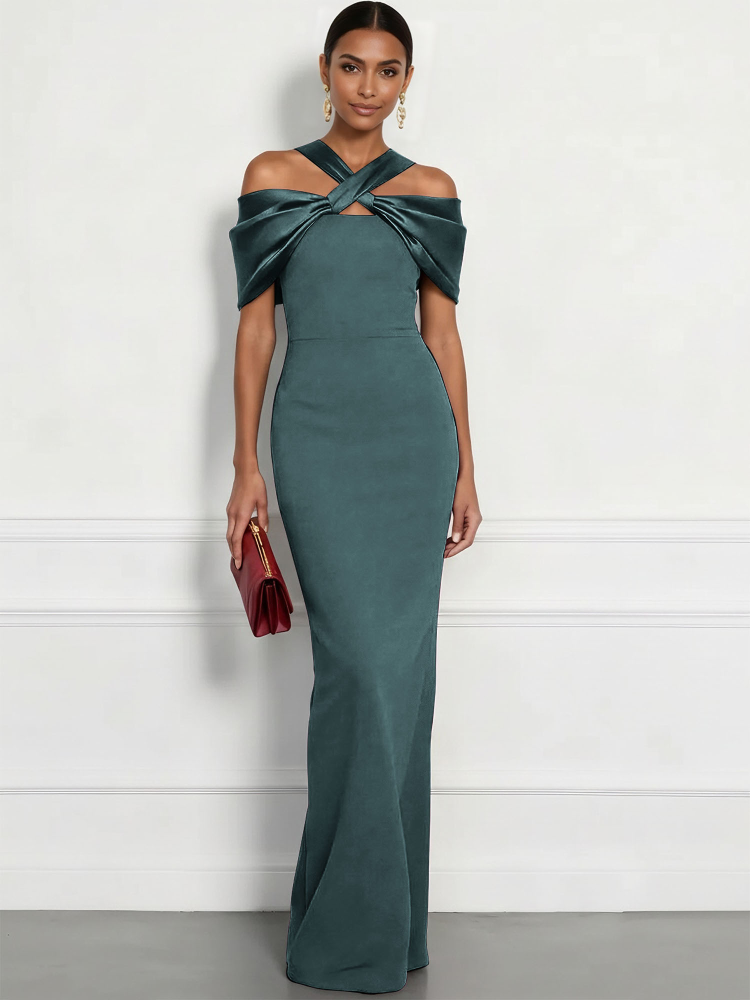  Regal Plum Crepe Column Gown with Satin Criss-Cross Halter Maxi Dress