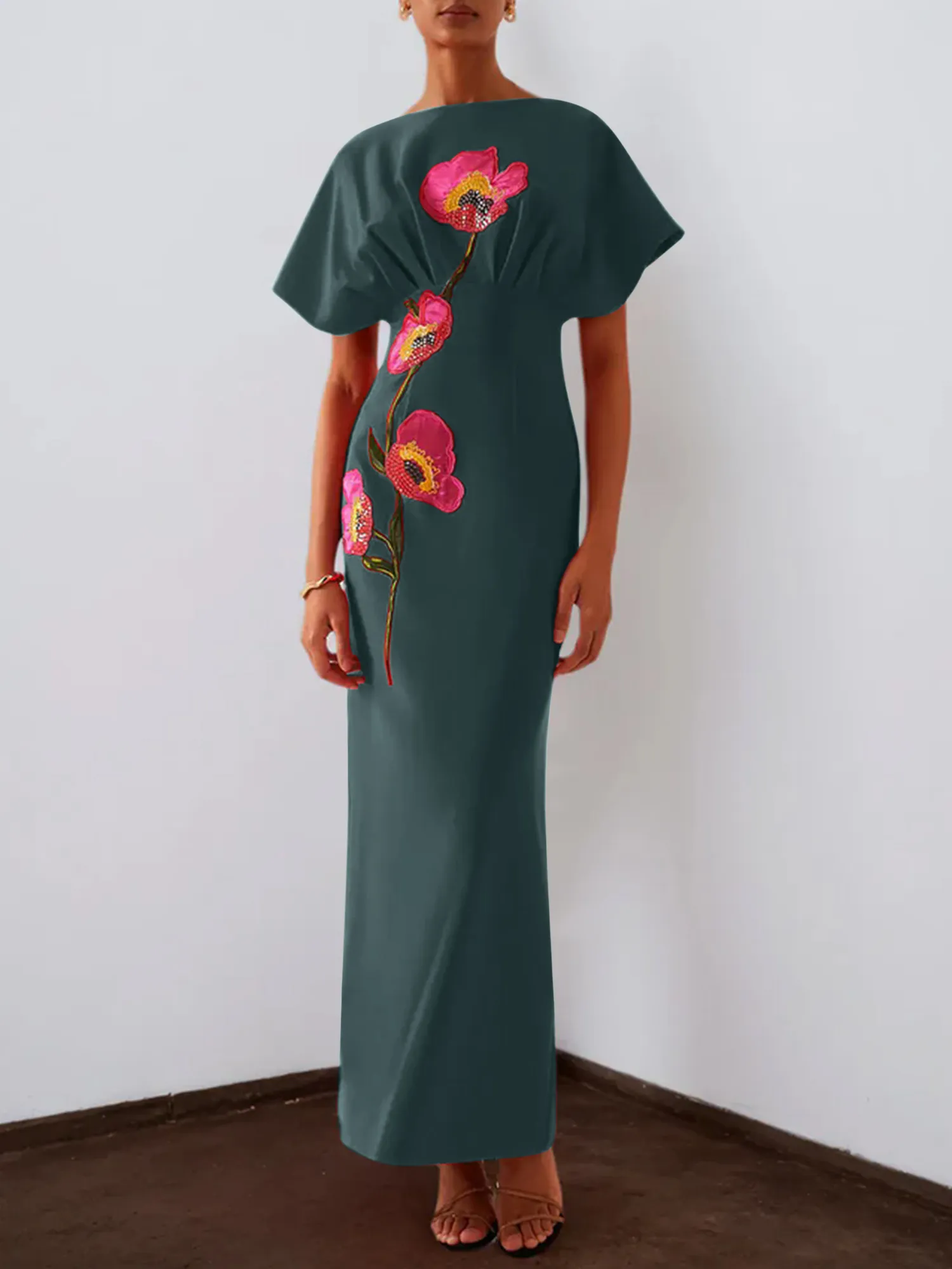 Floral Embroidered Boat Neck Batwing Sleeve Column Evening Gown