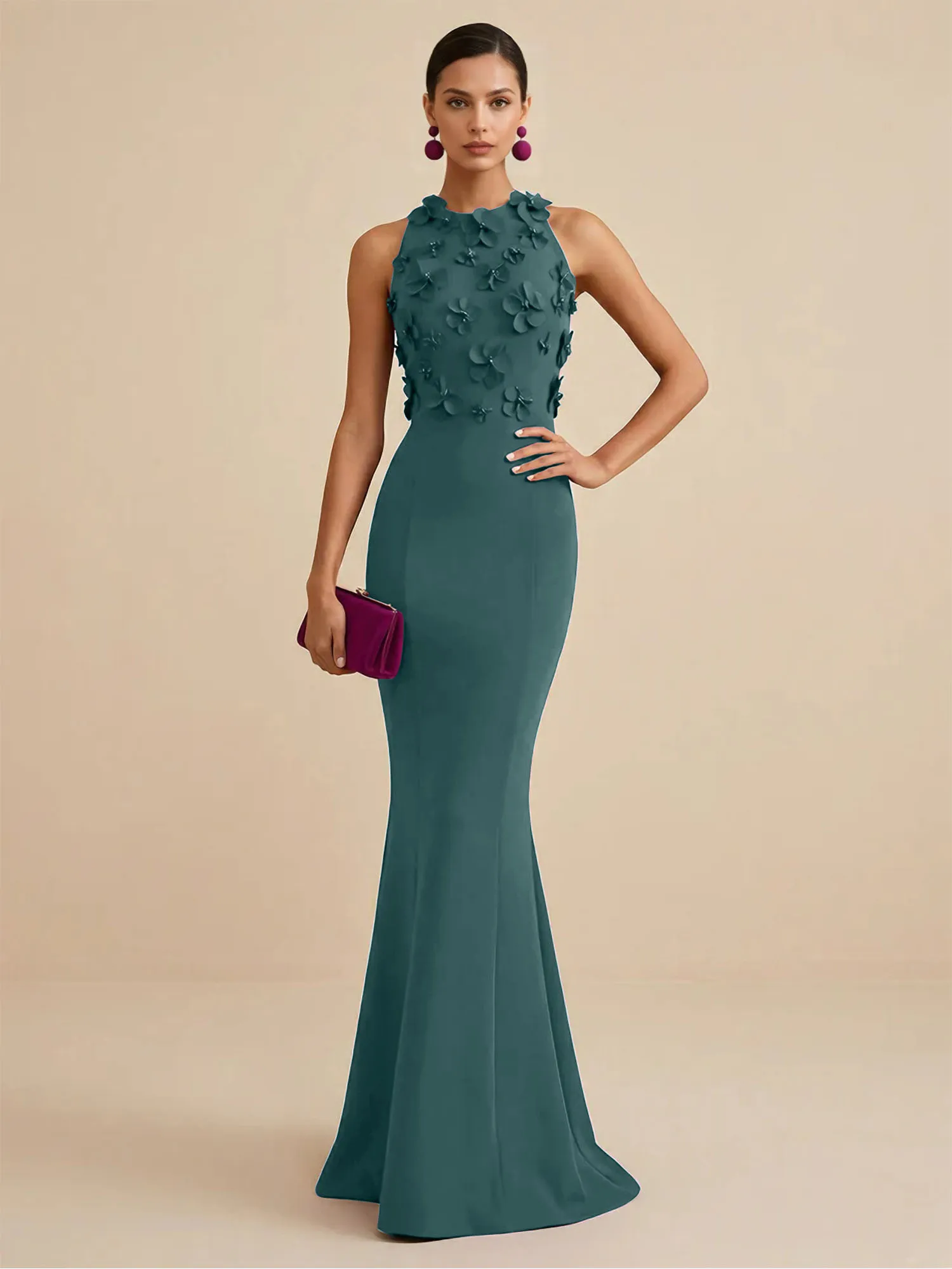 Scoop Neck 3D Floral Appliqué Crepe Mermaid Evening Gown